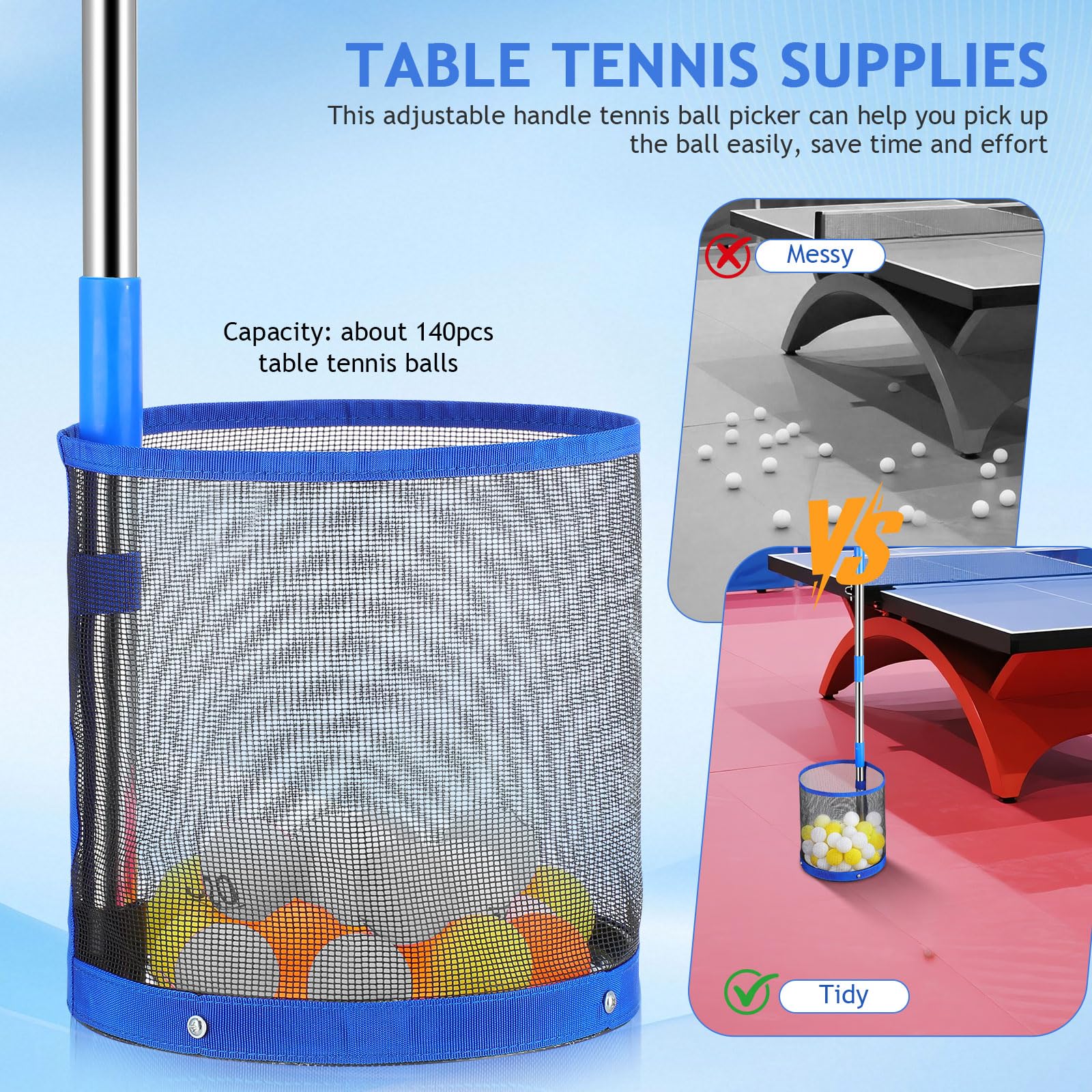 Healeved Recogedor Profesional de Balones de Tenis de Mesa Mango Largo, Capacidad Grande y Material Acero Inoxidable y Abs, Práctico para Entrenamiento y Uso Doméstico