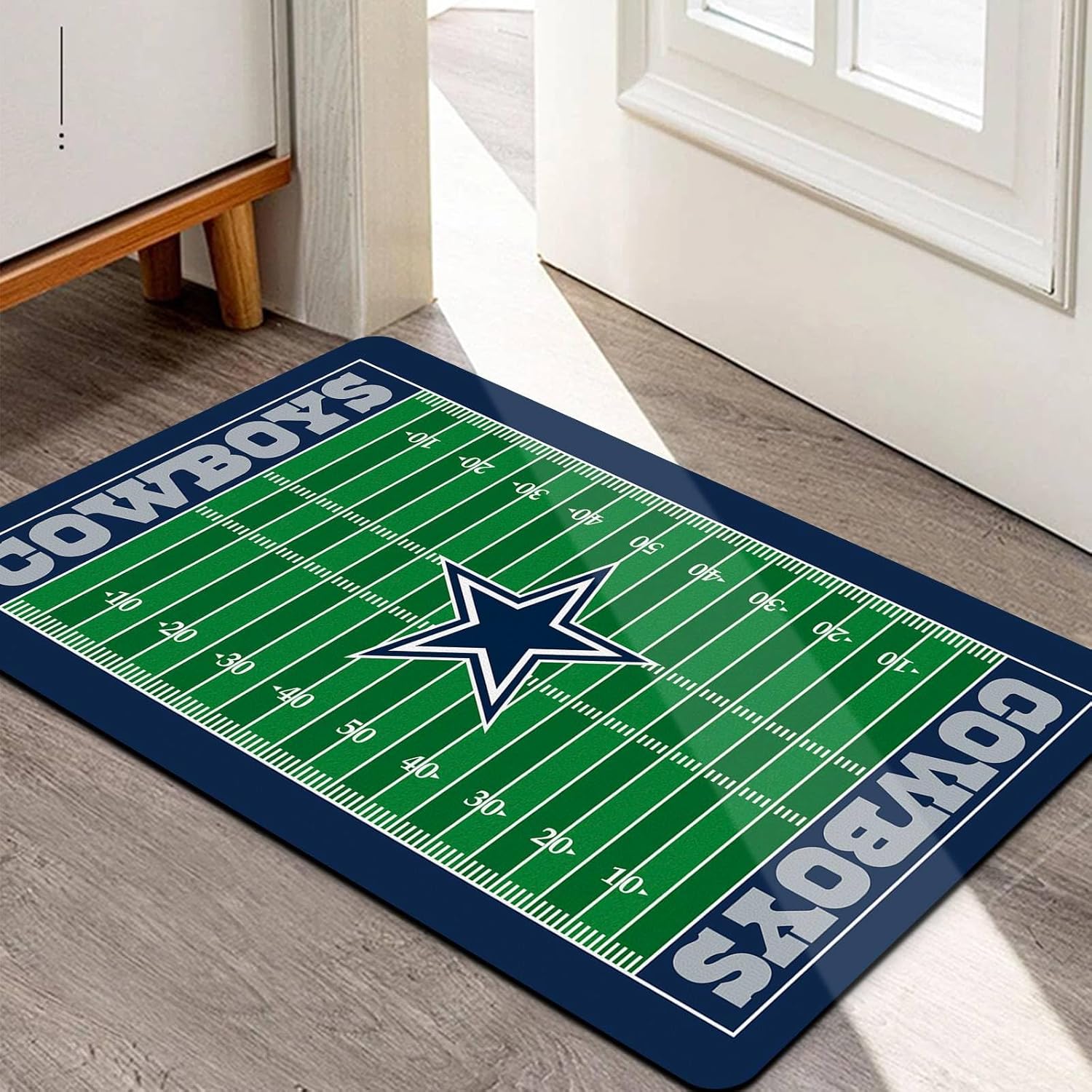 Football Field Design Entry Floor Mat,30" W x 18" H Non-Slip Rubber Door Mat for Football Sports Fans, Gray Blue Design Home Decor Area Rug