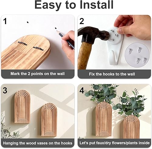 Miniatura 7 de DREAMLOOM Paquete de 2 jarrones de pared de madera con plantas falsas, macetas para colgar en la pared, estilo bohemio y moderno para interiores
