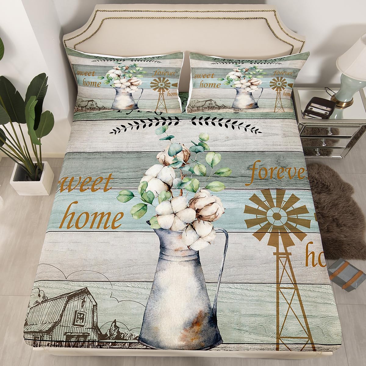 Farmhouse Sheets Country Floral Cotton Flower Fitted Sheet,Rustic Wooden Plank Cottage Lodge Cabin Bed Sheets Garden Windmill Decor Full,Vintage Farm House Room Decor,Watercolor