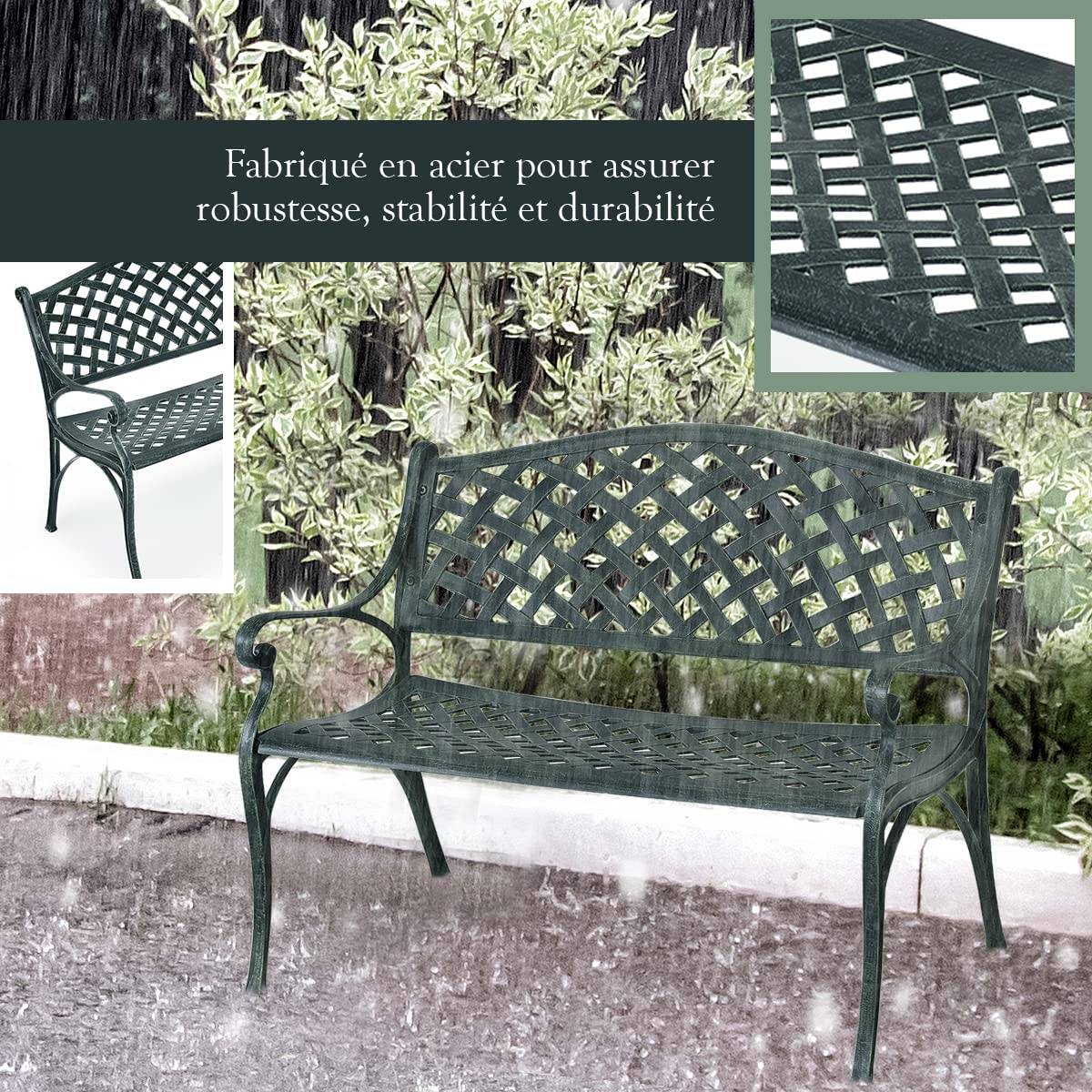 COSTWAY Banc de Jardin en Fonte d'Aluminium, Banc 2-3 Places avec Accoudoirs, Dossier et Design Ajouré, Charge Max 280KG, 103x64x83cm, pour Terrasse/Cour/Balcon/Pelouse/Parc