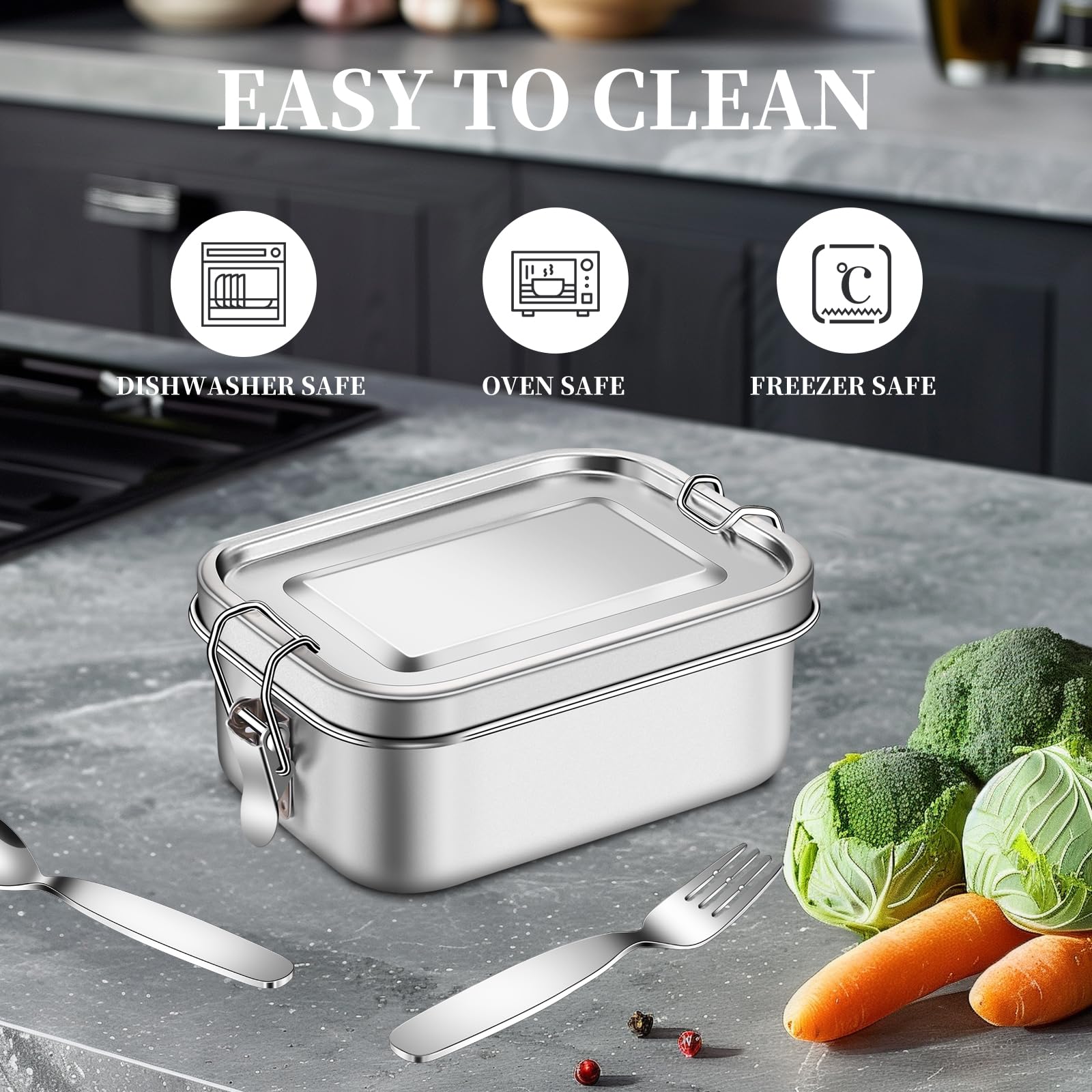 Edelstahl-Bento-Box 850 Ml – Auslaufsicher, Spülmaschinenfest, Mit Verschlussclips