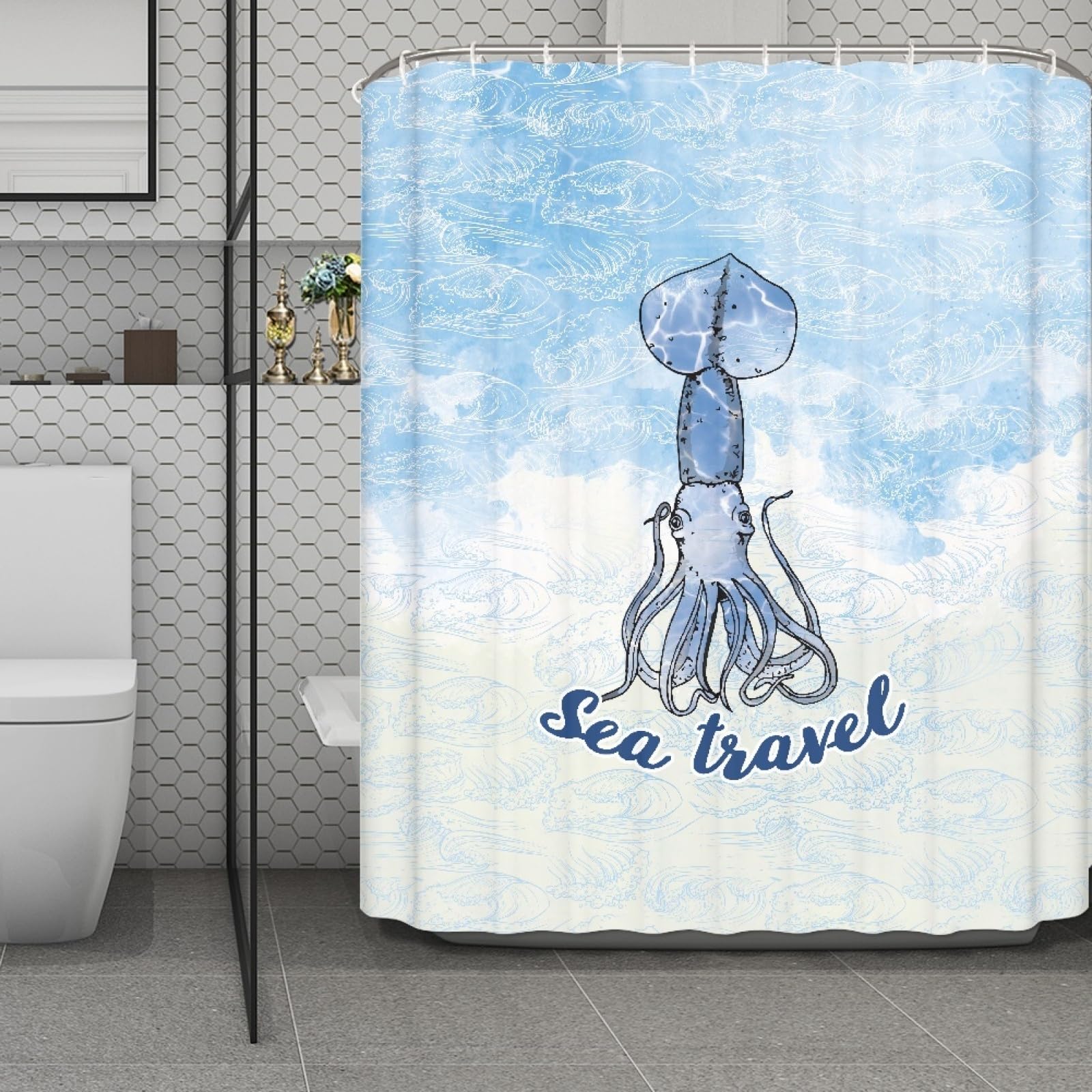 Rideau douche 180x220 imperméable en polyester anti-moisissure bleu
