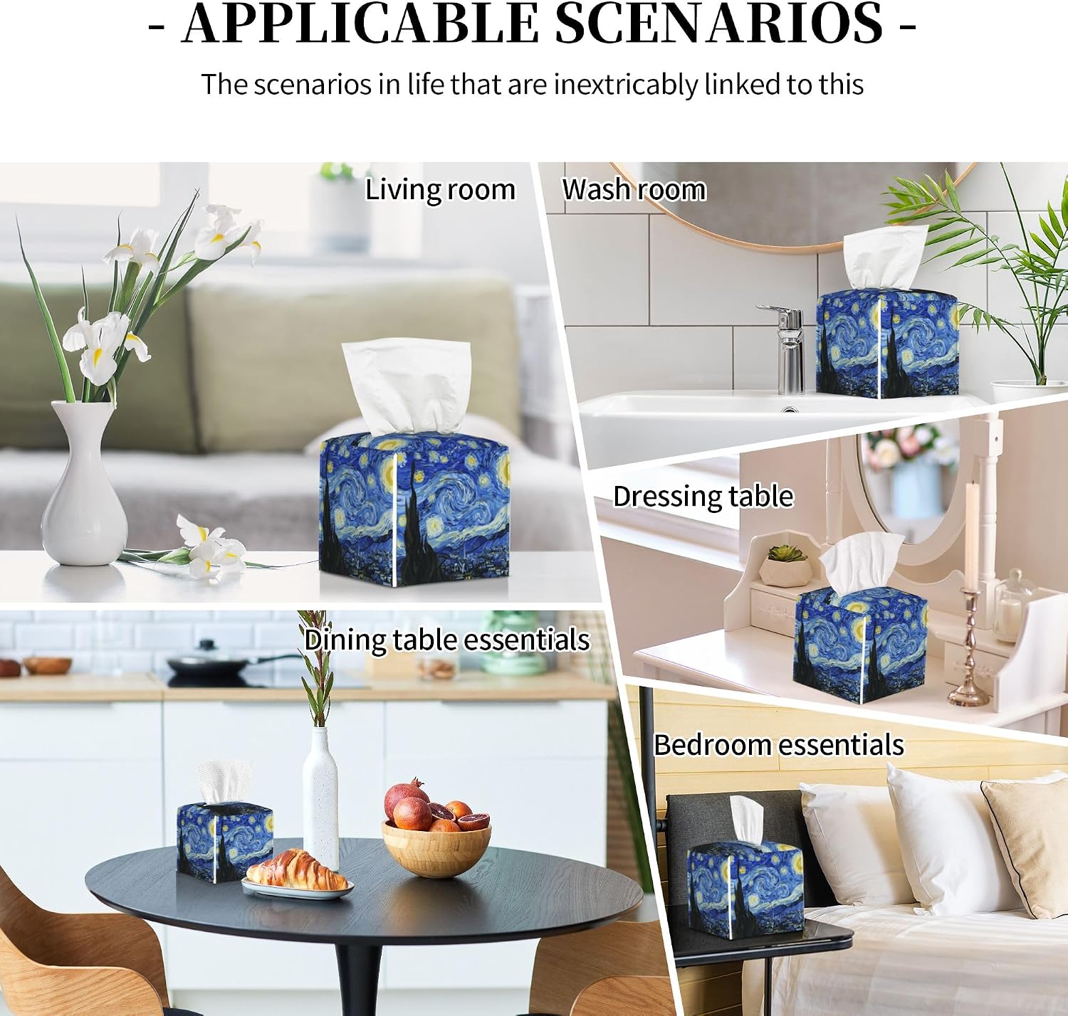 Starry Night Tissue Box Cover Leather Tissue Box Holder Square Facial Paper Organizer Dispenser for Bathroom Kitchen Bedroom Vanity Countertop Night Stands