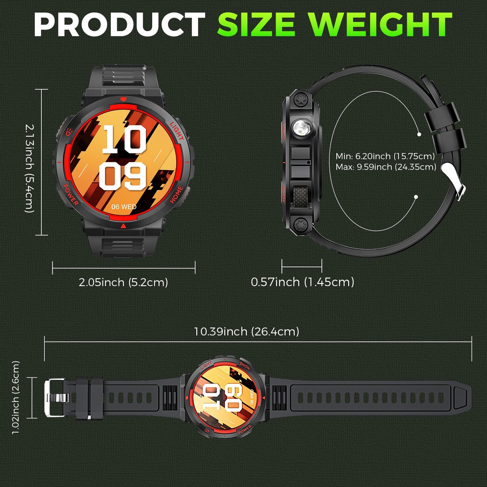 JELLOO Smart Watch militare da uomo (rispondere/effettuare chiamate), impermeabile 3ATM, torcia a LED, oltre 100 modalità sportive, smartwatch tattico con cardiofrequenzimetro SpO2, monitoraggio del