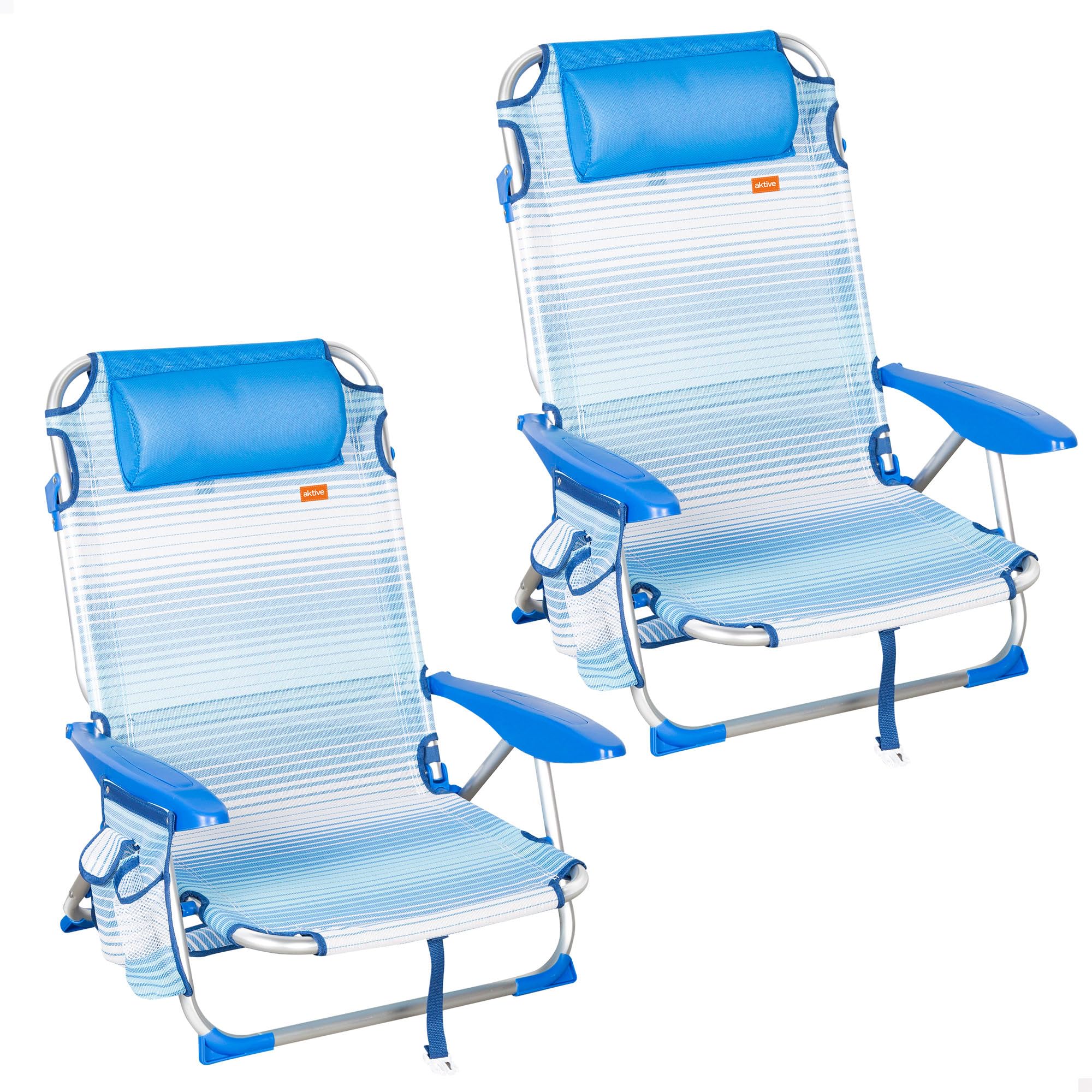 AKTIVE Lot de 2 chaises de Plage Pliantes, 4 Positions, Rayures Bleues, 51 x 45 x 76 cm, avec Coussin rembourré, Poche latérale, poignées, Maximum 110 kg, butées Anti-retournement, Multiposition,