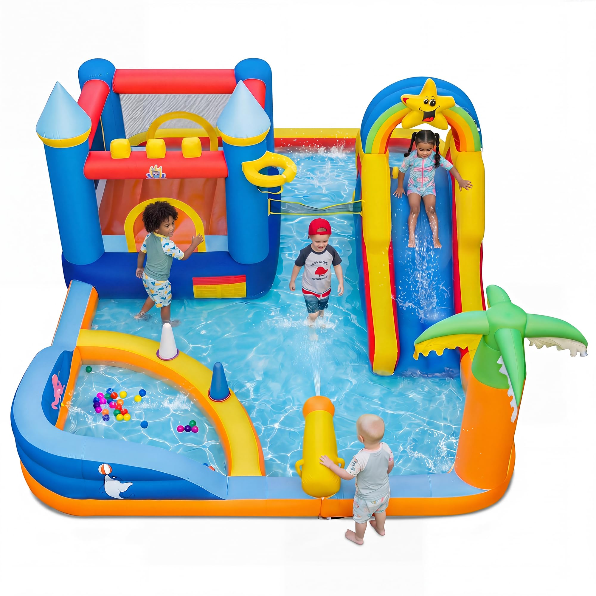 GIANTEX Castello Gonfiabile per Bambini 3+ Anni, Grande Parco Acquatico, in Tessuto Oxford, 2 Piscine, Scivolo, Trampolino, Parete da Arrampicata, Palle, Borsa da Trasporto, per Esterno, Interno