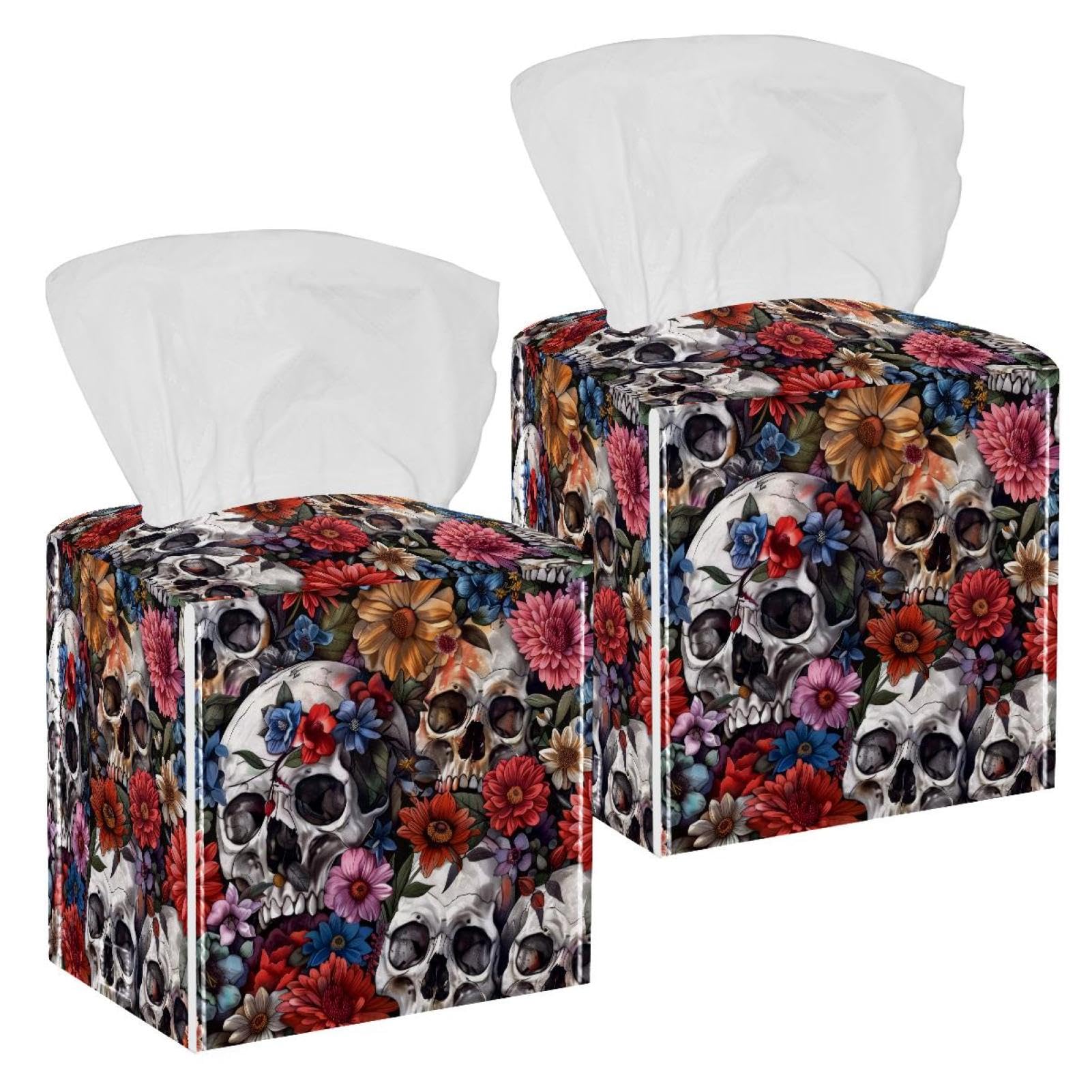 Skulls and Flower Tissue Box Cover, 2 Pack PU Leather Square Facial Tissue Dispenser Box holder for Home Office Car