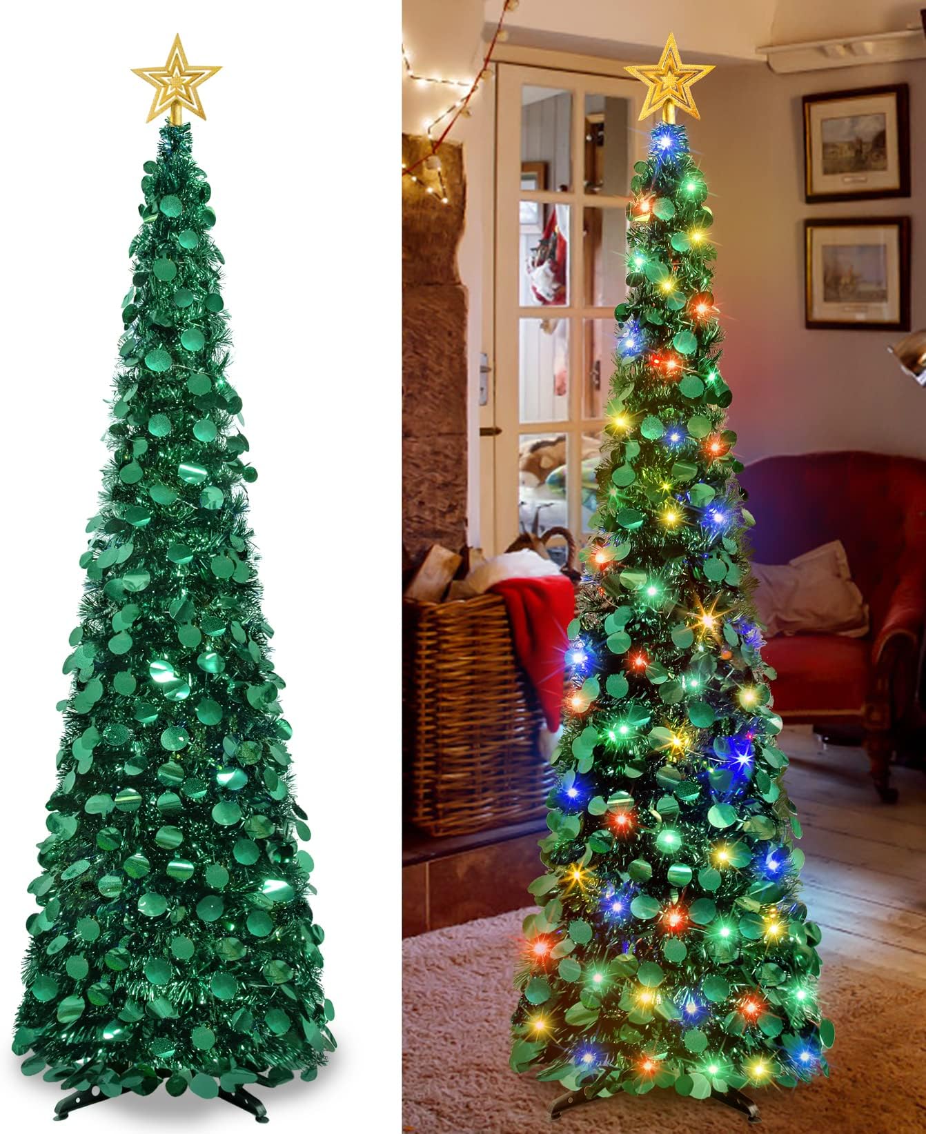 5 Ft Pop Up Christmas Tree with Lights, Pencil Tinsel Collapsible Christmas Tree with 50 Multi Colored Lights & Tree Topper for Christmas Decoration Home Party Decor Indoor Outdoor (Green)