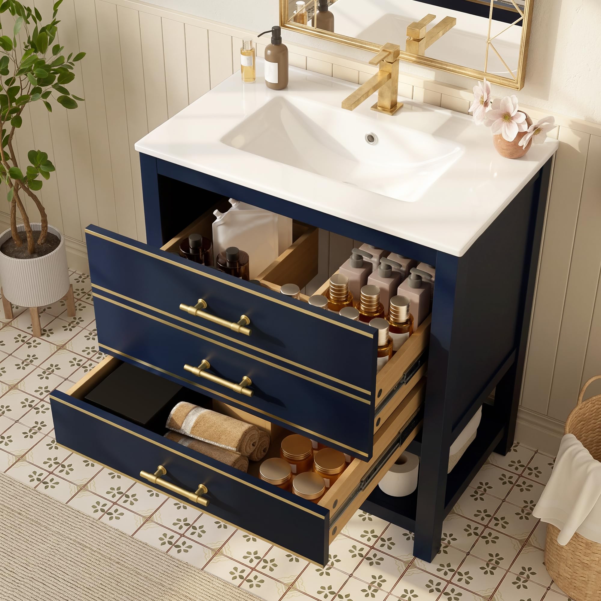 Lexiou Mueble de baño con lavabo de cerámica, mueble de baño independiente con 2 cajones y compartimento abierto, asas doradas, sin grifo ni desagüe (negro y azul)