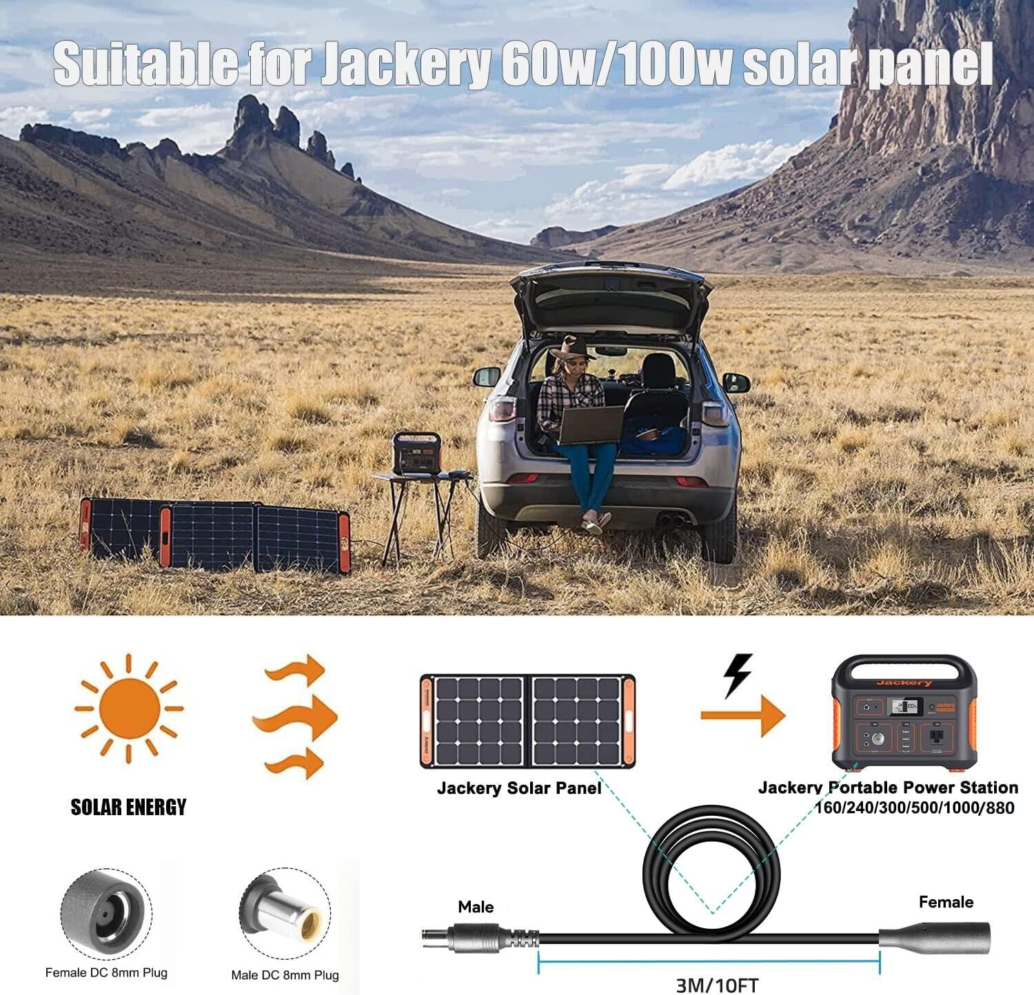 30Ft Extension Cable 14AWG 8mm Solar Panel Extension Cable DC7909 Male to Female fit Jackery/Anker/BLUETTI/EBL/GRECEL/Westinghouse & Many Other DC 8mm Portable Power Station Solar Generator