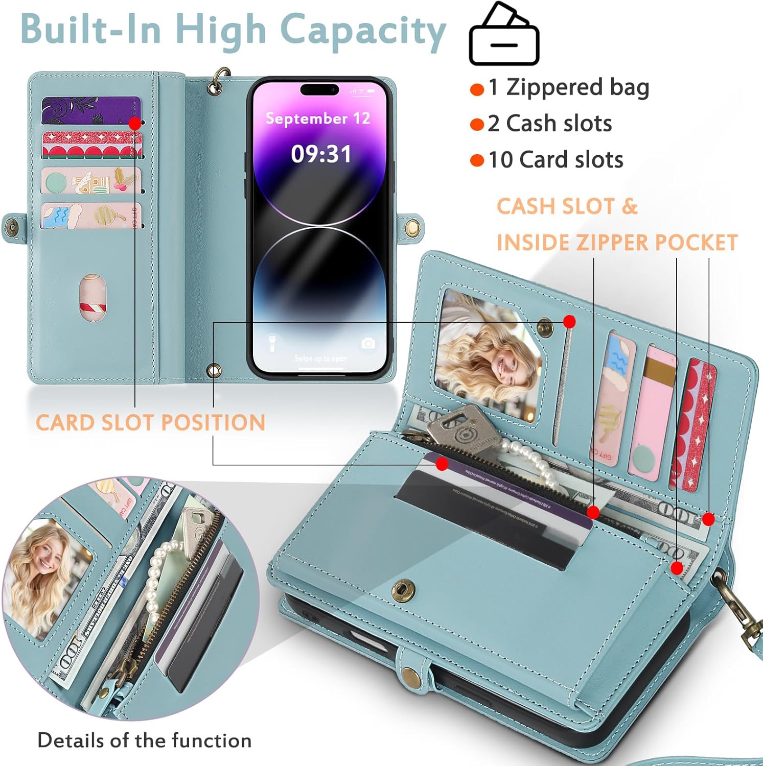 for Wallet Case Compatible with iPhone 14 Pro Max,Multi-Function Detachable 2 in 1 Magnetic iPhone 14 Pro Max Case Wallet,Flip Strap Zipper Card Holder Phone Case with Shoulder Straps (Blue)