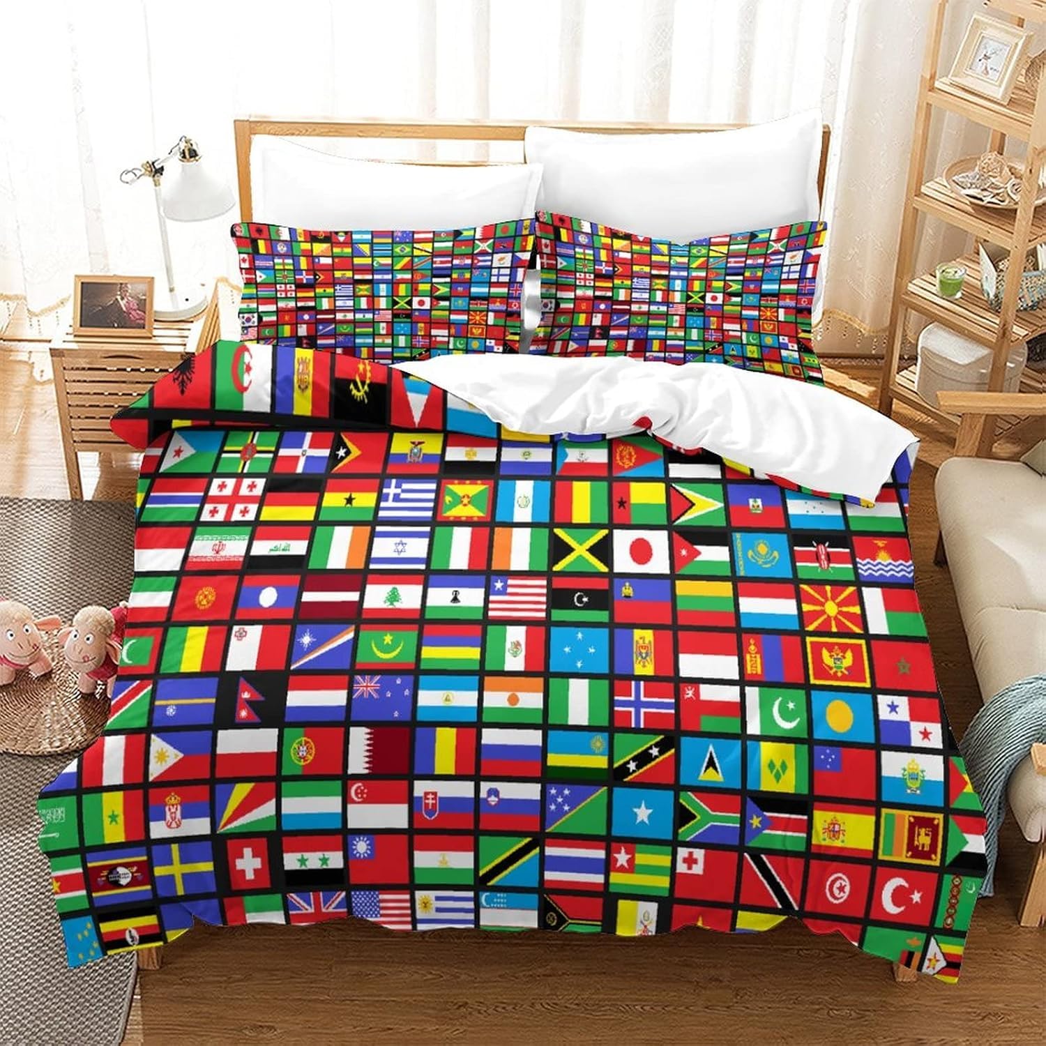 Housse de Couette 160 x 200 Drapeaux du Monde Parure de Lit 3 Pièces Microfibre