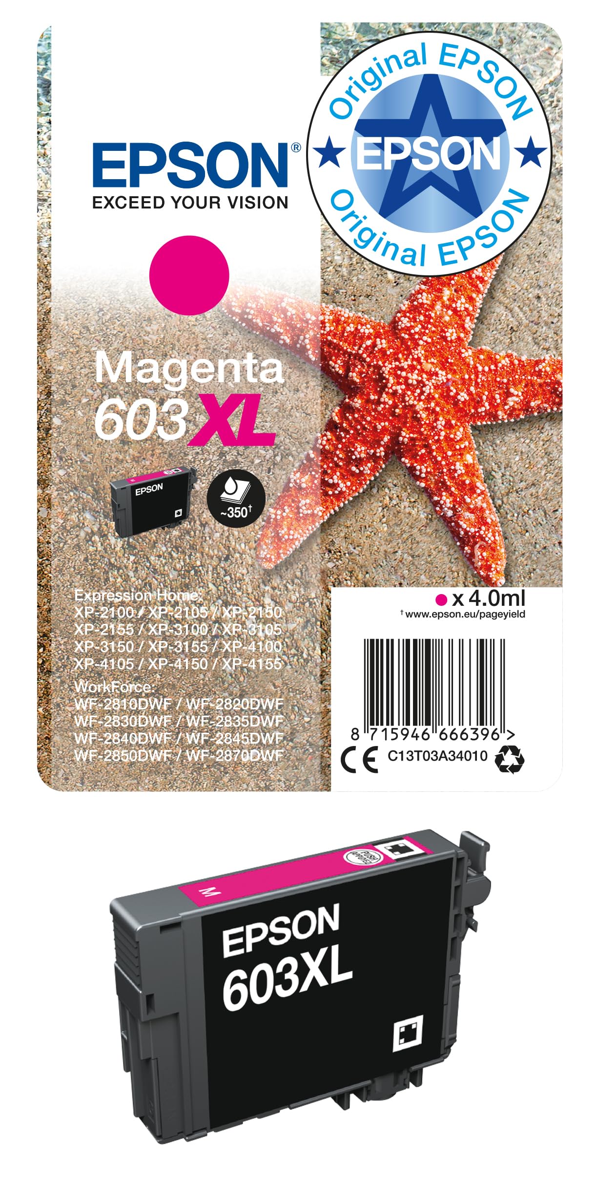 Epson Original 603XL Tinte Seestern, Singlepack Magenta XL, WF-2820DWF WF-2830DWF WF-2840DWF WF-2850DWF XP-2100 XP-2150 XP-3100 XP-3150 XP-4100 XP-4150, ReadyPrint Flex-Tintentarife