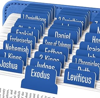 Essex Wares - Denim Blue Bible Tabs, 80 Tabs for Women & Men | Old & New Testament | Water Resistant Laminated Tabs | Easy To Apply With Guide | 1.7" Wide | Large Print | 14 Blank Tabs