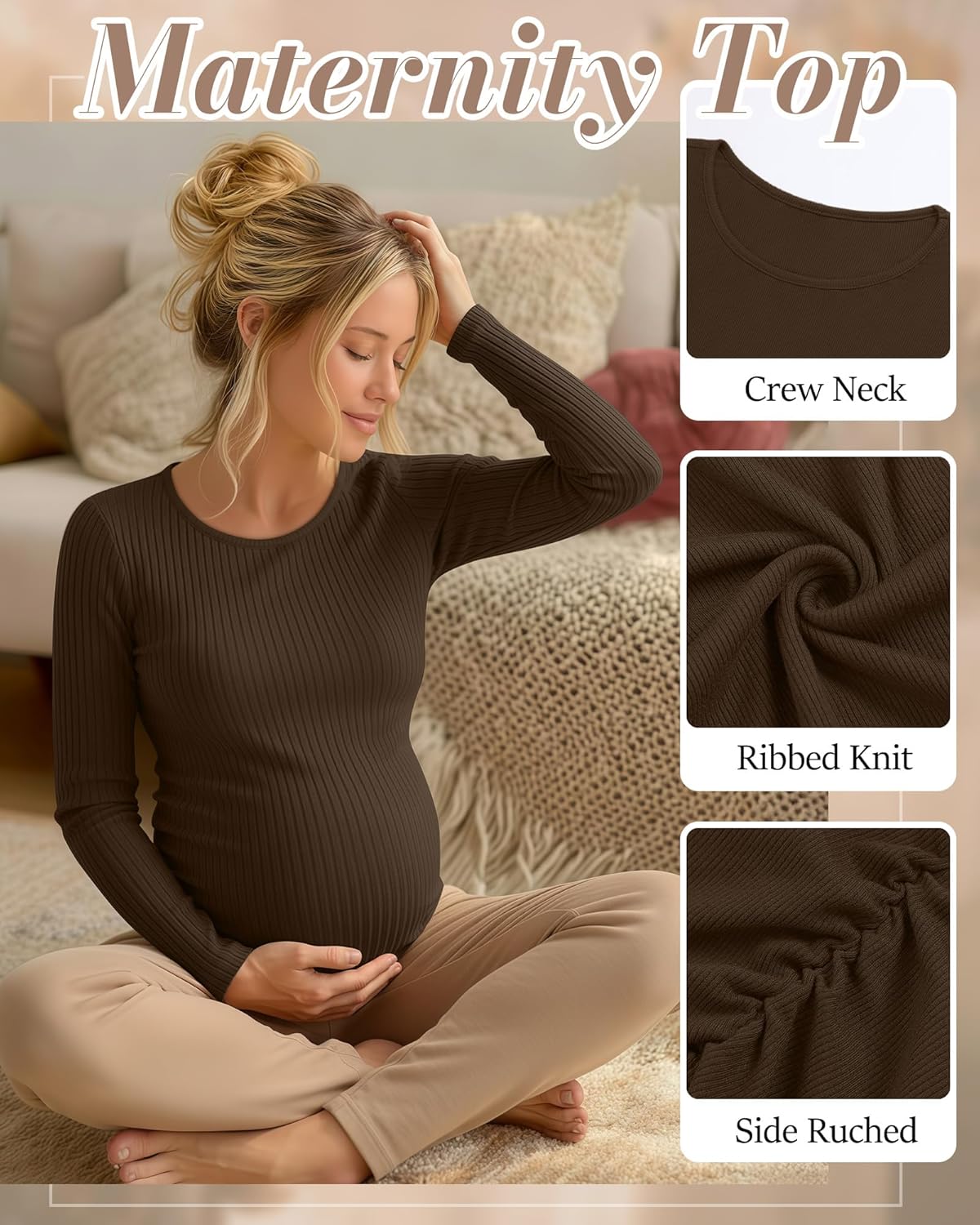 Huukeay 4 Pack Women's Maternity Shirts, Long Sleeve Cotton Ribbed Pregnancy Tops Side Ruched Crew Neck Casual Mama Clothes - Image 5