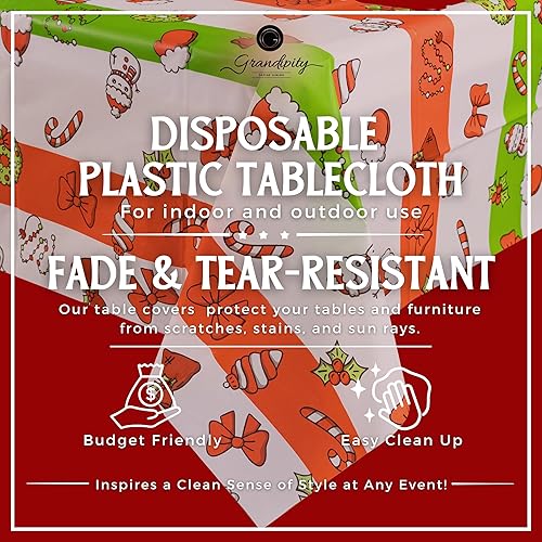Miniatura 5 de Grandipity Paquete de 12 manteles de plástico desechables de alta calidad para Navidad, 54 x 108 pulgadas, manteles rectangulares para mesa navideña