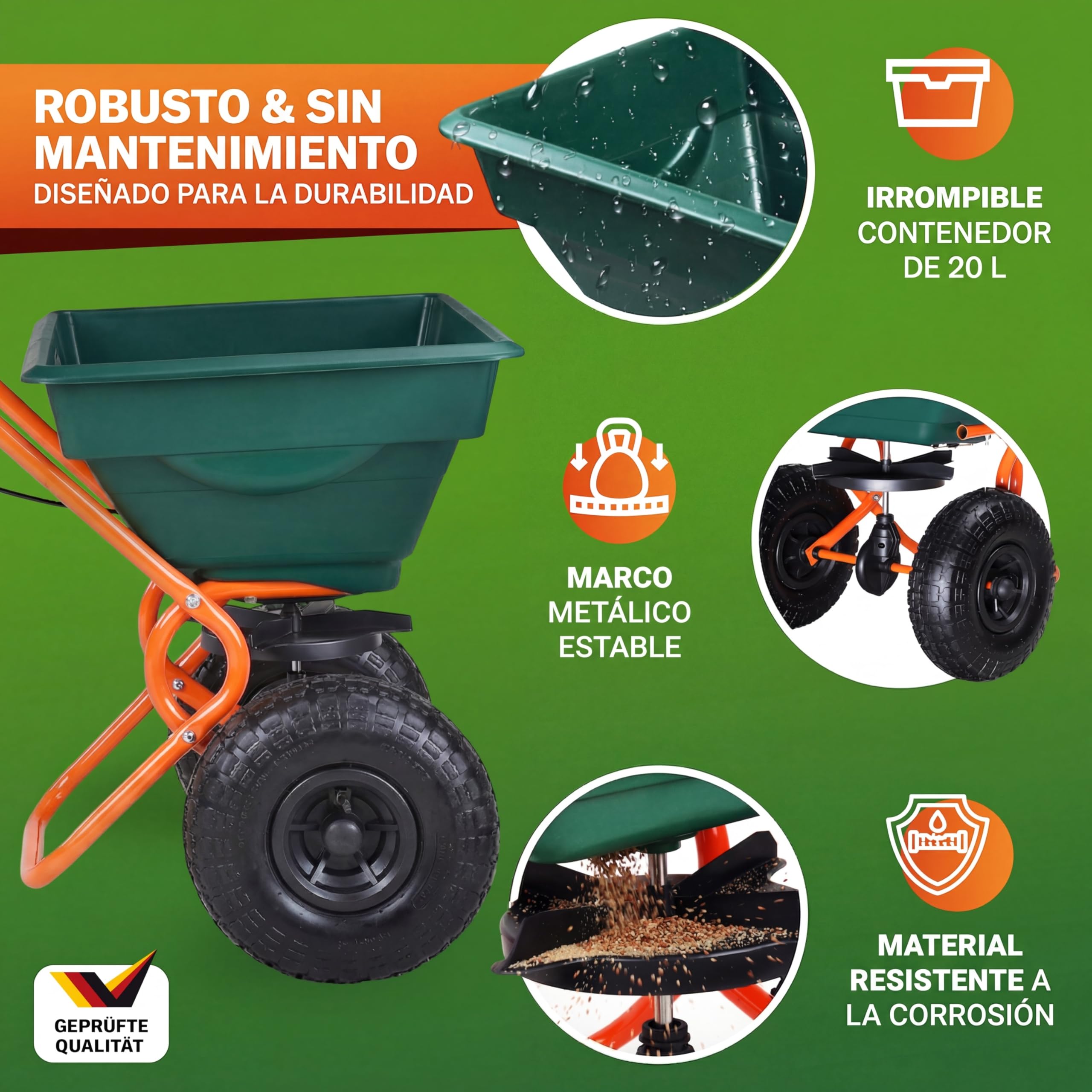 GARDEBRUK® Esparcidor 20L Capacidad Carga 25Kg Neumáticos Grandes Ø25 Todoterreno Abonadora Manual Sembradora Césped Esparcimiento Semillas Abono Sal Distribución Regulable