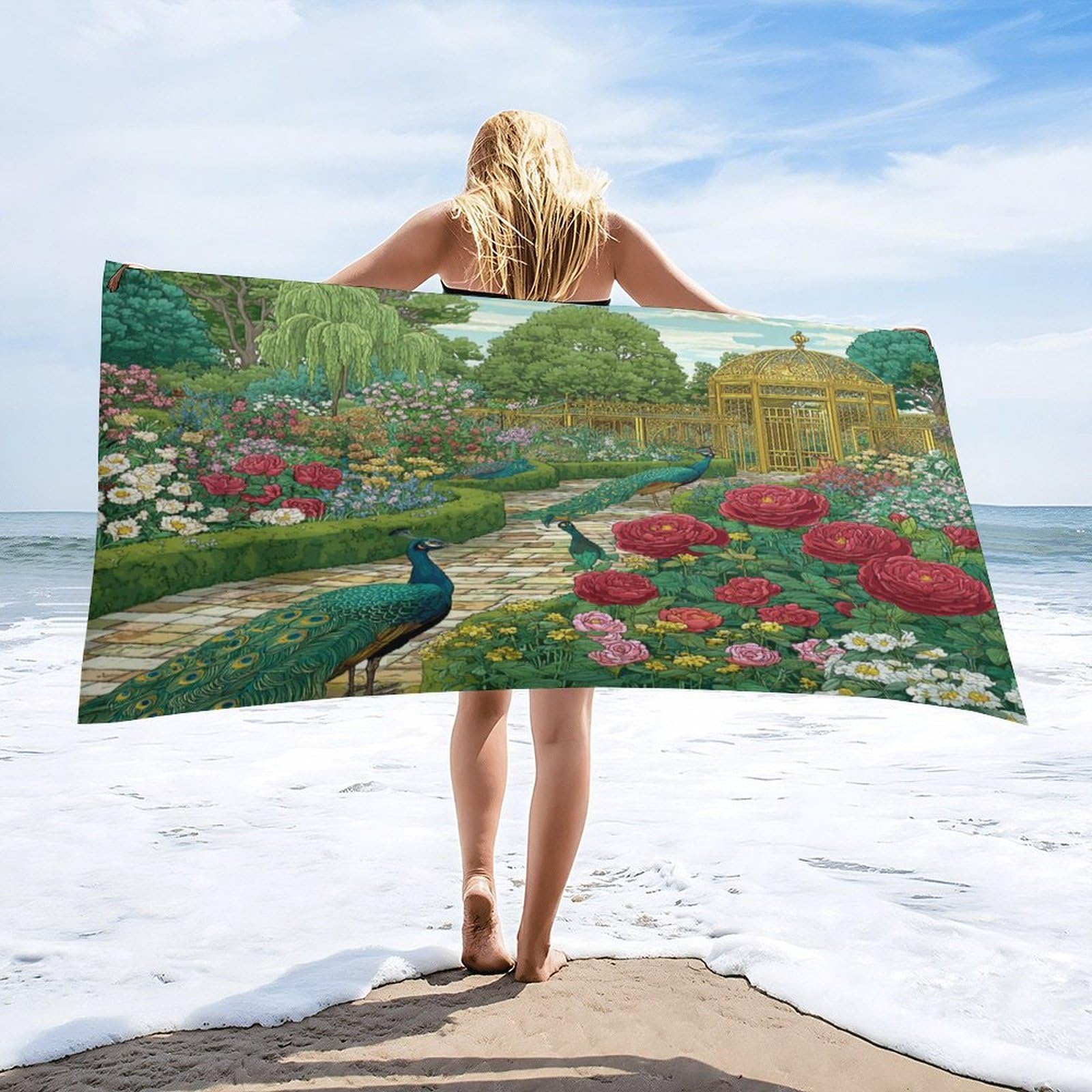 Luyysky Classic Vintage Elegant Peacock Quick-Drying Beach Towel, Rustic Watercolor Spring Garden Animal Peacock Plant Flowers Travel Vacation Single Sided Pile Bathroom Towels-80 W Cm X 160" L Cm