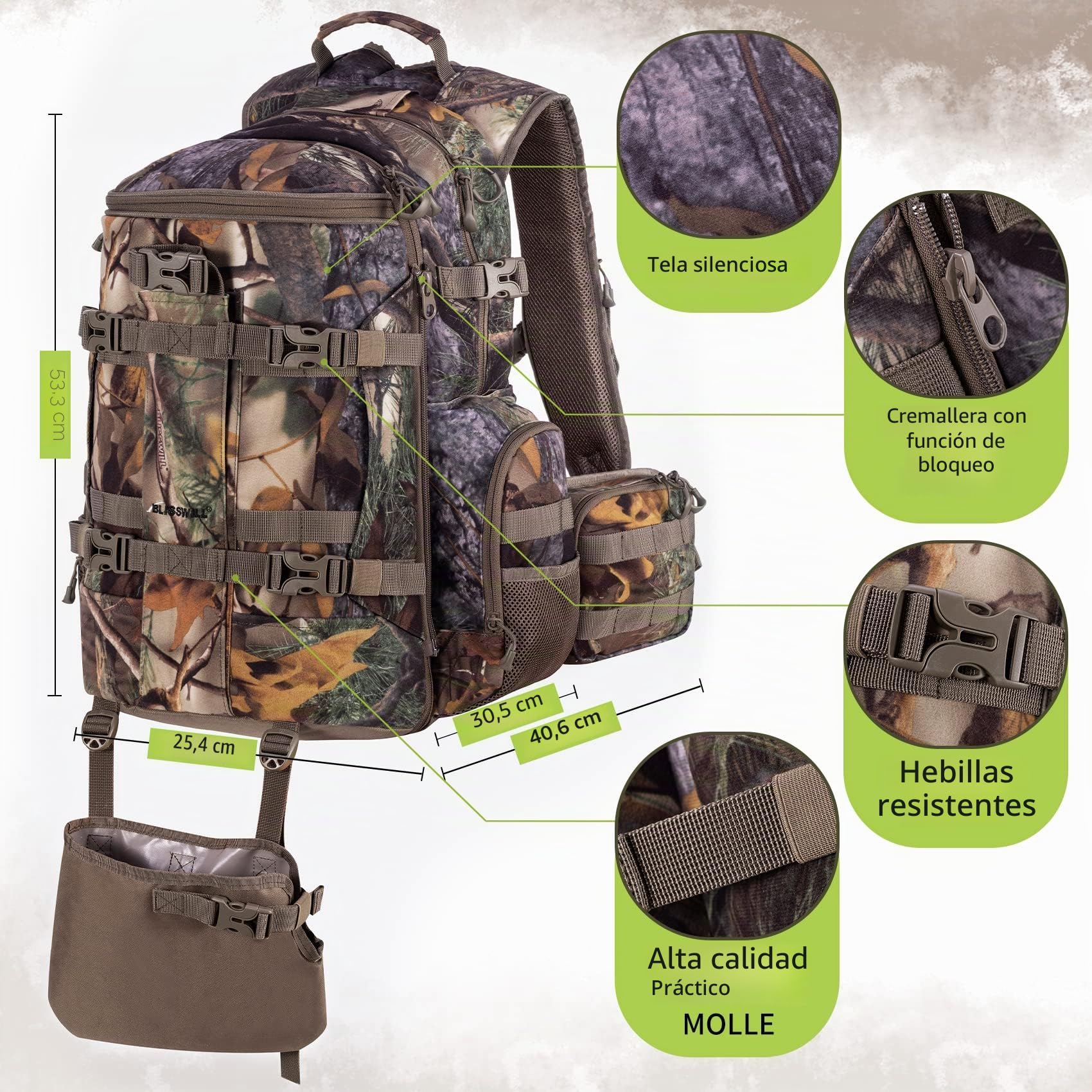 BLISSWILL - Mochila de caza grande para rifle de arco con cubierta impermeable para lluvia, accesorios de equipo de caza, 40 l