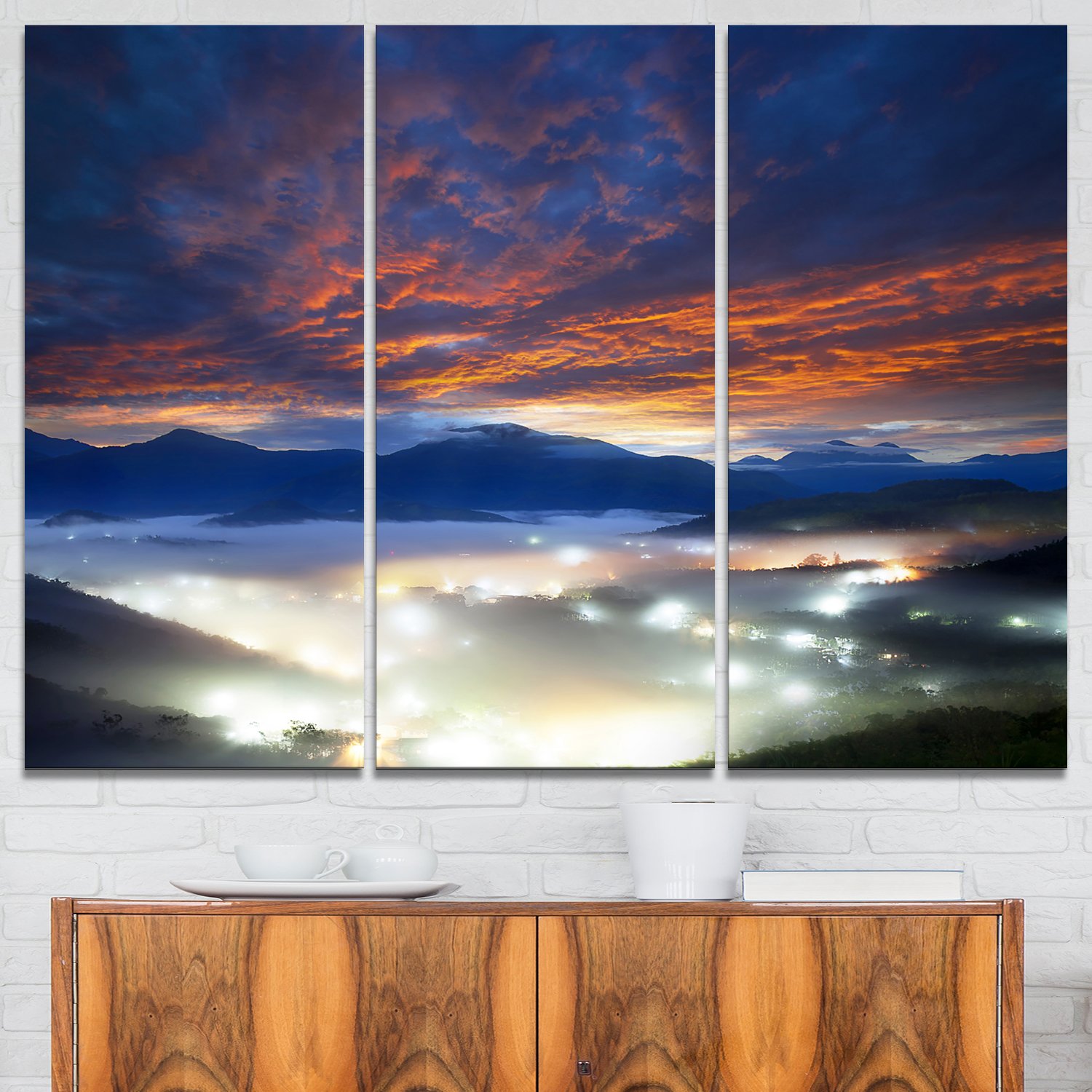 Design Art Fiery Clouds and Lit-up Villages-Landscape Photo Canvas Art Print-36x28in-Multipanel 3 Piece, Red, 36x28-3 Panels