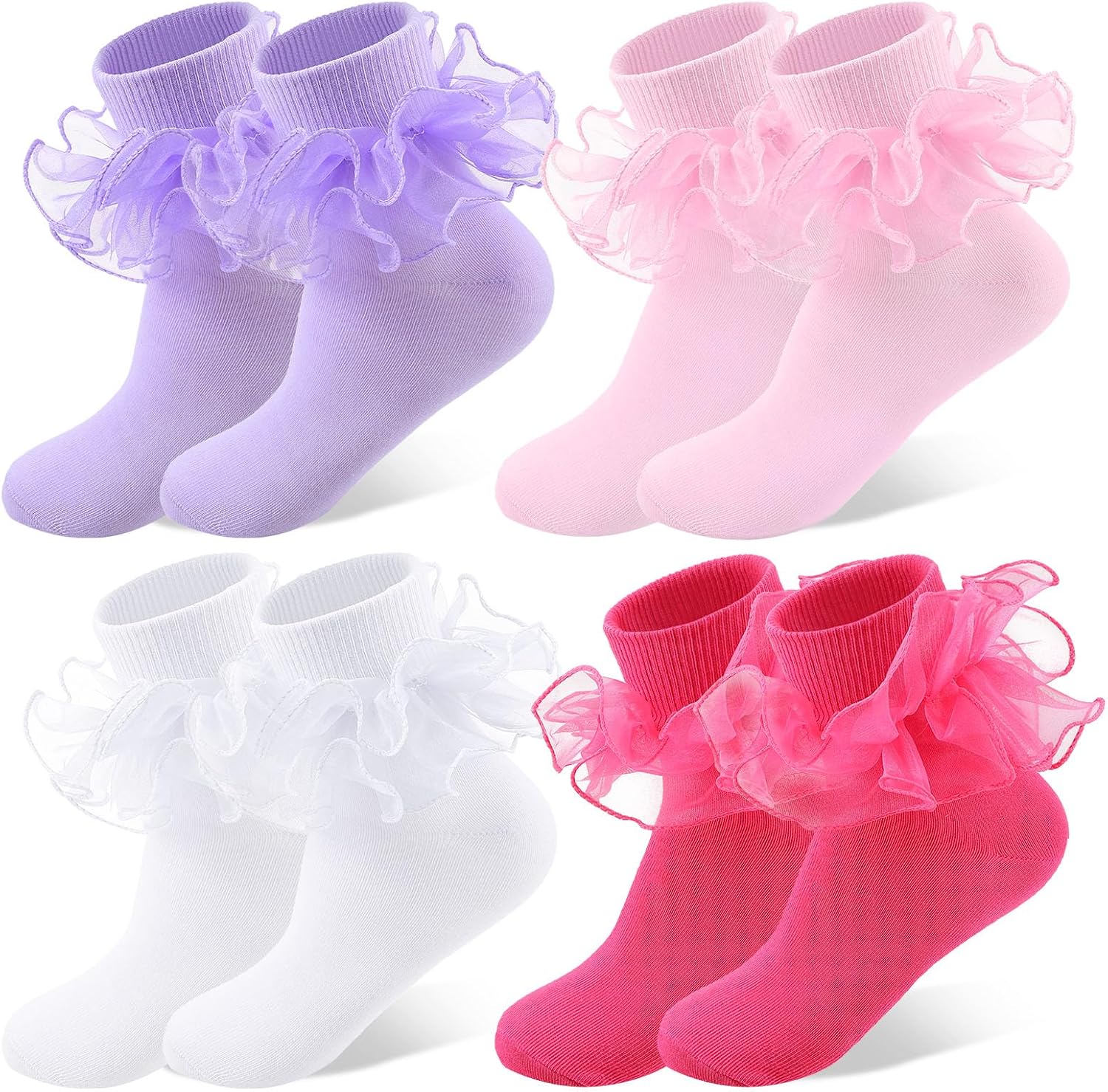 Jspupifip Girls Big Ruffle Socks Soft Cute Classic Toddler | Colorful Double Lace Frilly Cotton Dress Sock for Kids Daily School Party Birthday Breathable Lightweight Comfy Gift