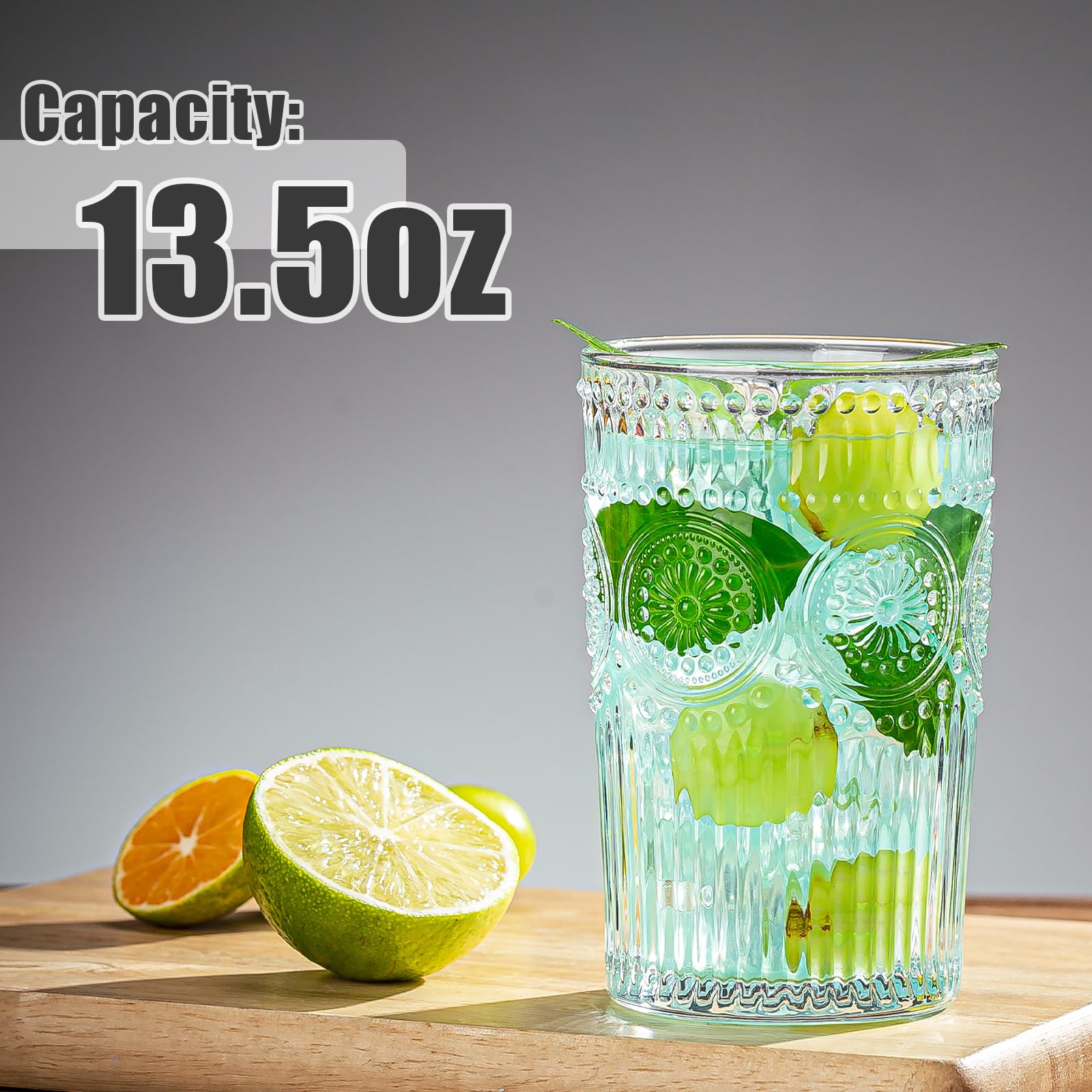 Claplante Vintage Highball Glasses, Set of 8 Glass Drinking Glasses, 13.5 oz Durable Drinkware Cups for Cocktails, Water, Juice, Beer, Wine-Special Edition Glassware Set, Dishware, Dishwasher Safe