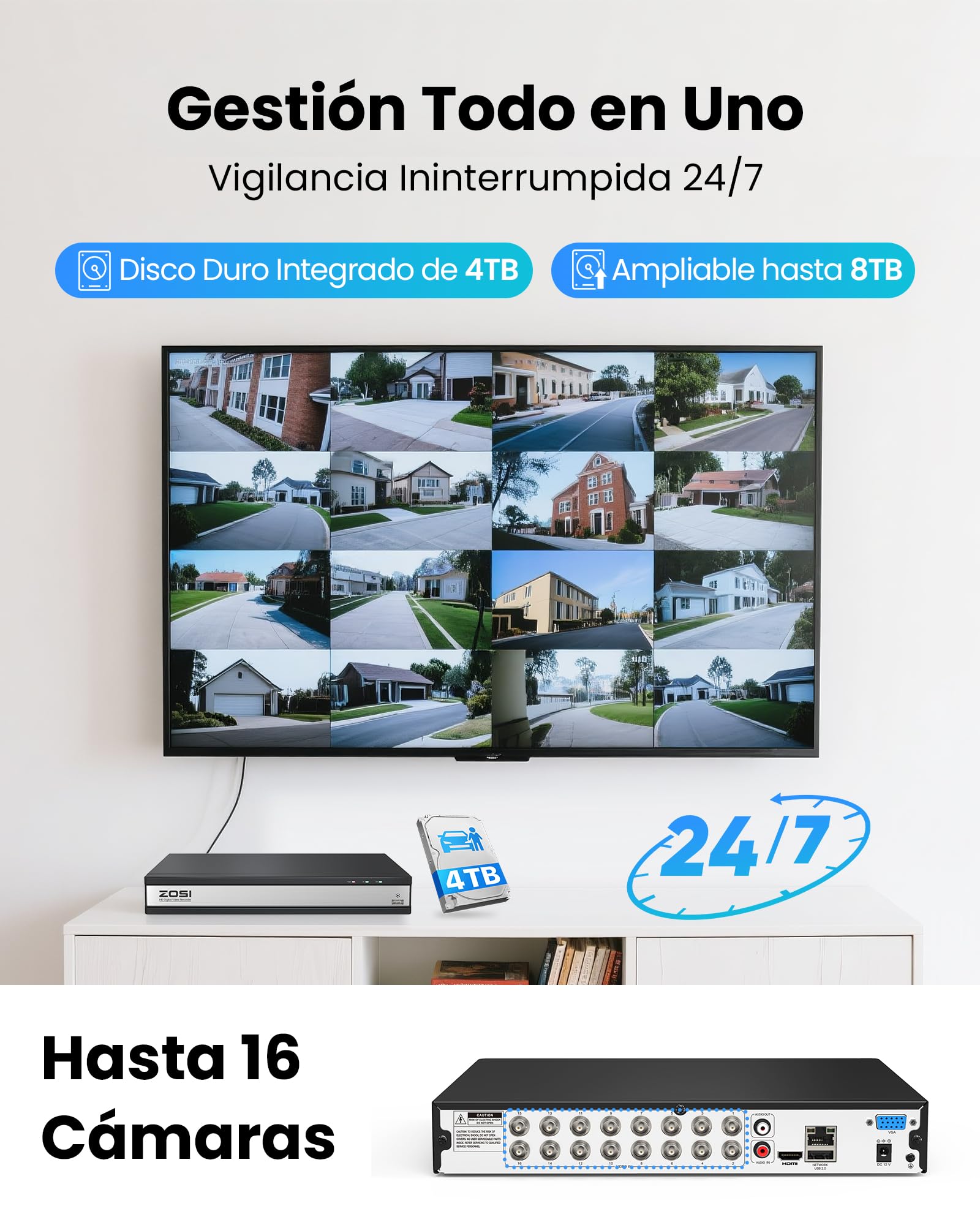 ZOSI 1080p 16CH H.265+ CCTV DVR Grabador de Vídeo con 4TB Disco Duro para Kit Cámara de Vigilancia, Alarma de Movimiento, Acceso Remoto