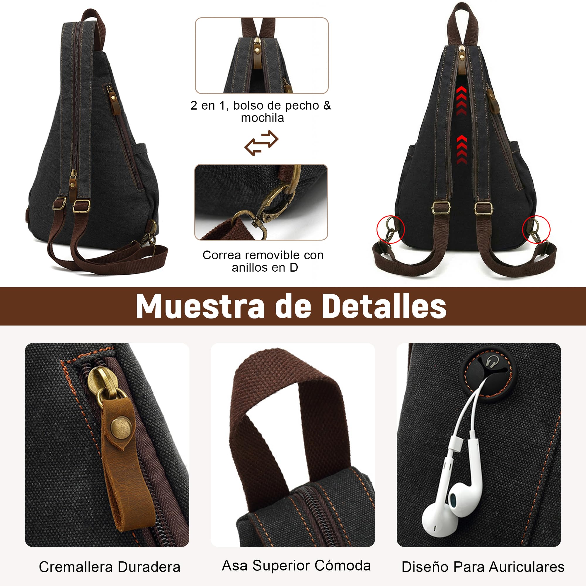 VARLIVOO Bolsos de Hombro para Hombre Sling Bag Bolsos Cruzados Bandolera Bolsa de Pecho Crossbody Bolsa Senderismo Viajes Cámping Ciclismo Montañismo Lona Sling Backpack Negro