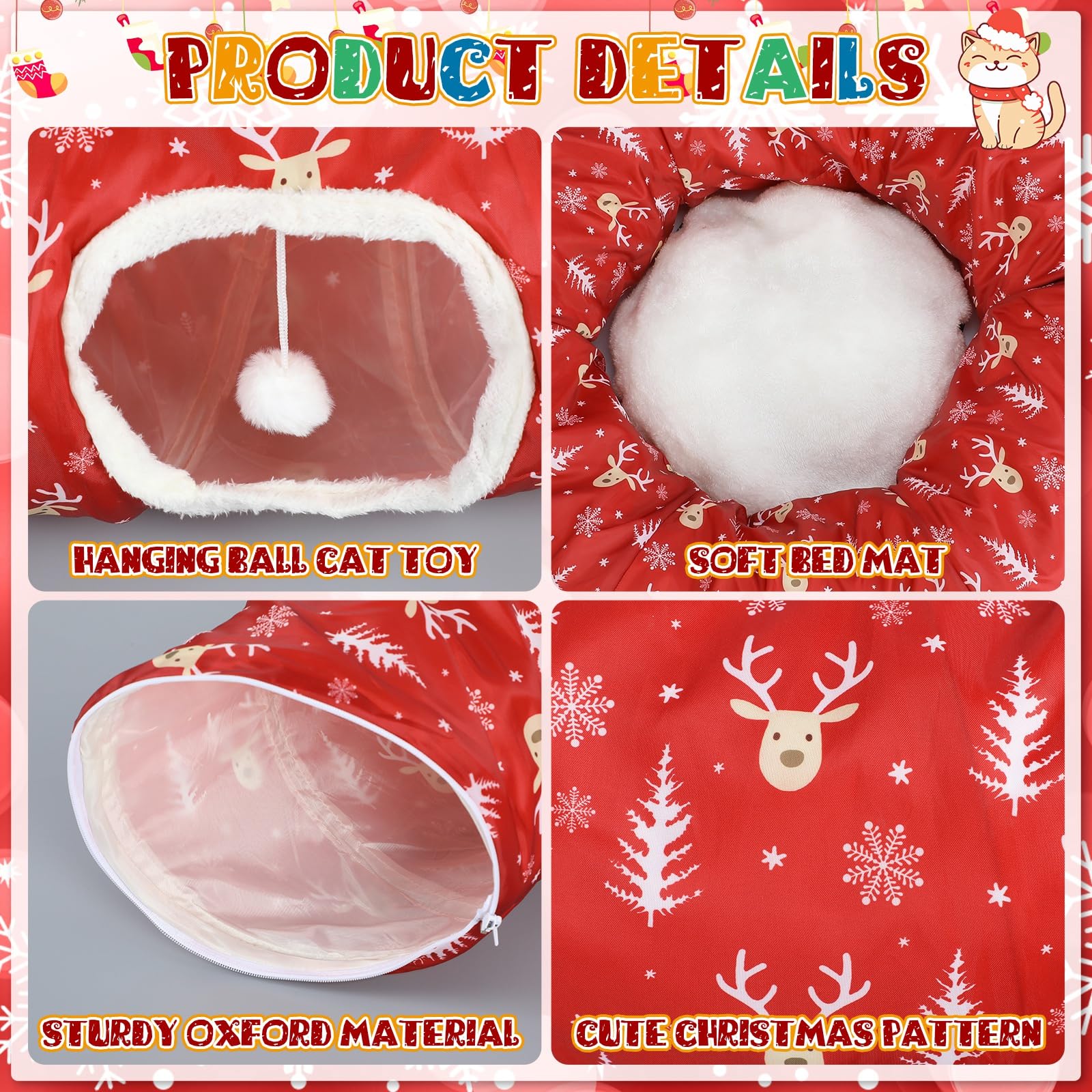 Túnel de Navidad para gatos, juguetes de cama para gatos de interior, túnel de tubo en forma de S con bola debajo del árbol de Navidad, cueva de gato, gatito, juguete, Papá Noel, alce,