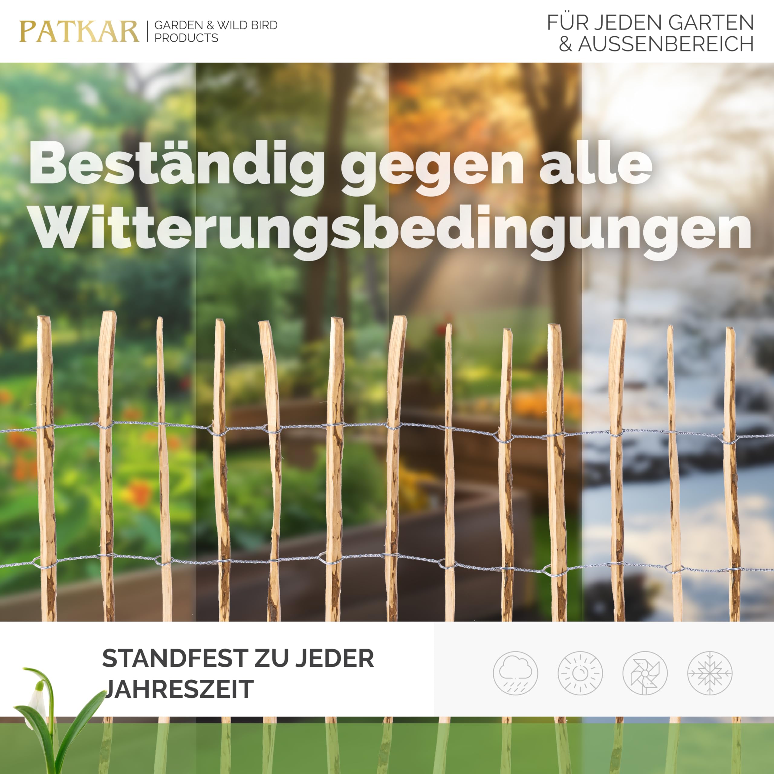 PATKAR® Staketenzaun 10mx90cm [WETTERBESTÄNDIG & STABIL] - Holzzaun Gartenzaun Holz Abgrenzung - Staketenzaun 90 cm hoch (Made in Europe) - Gartenzaun zum Stecken - einfach montierter Zaun Holz