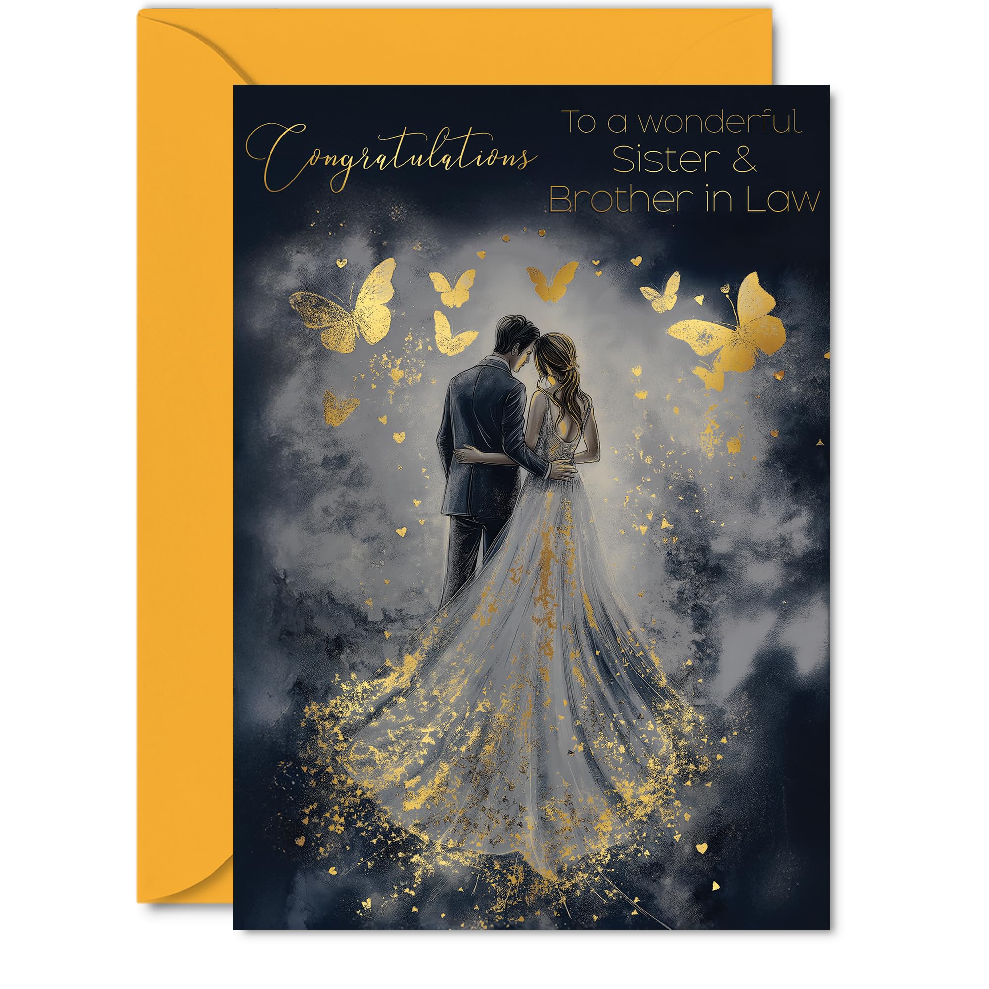 Sister & Brother in Law Wedding Card - Gold Butterflies Happy Couple - Golden Marriage Congratulations Card from Brother Sister in Law, 5x7 Inch Butterfly Well Done Congrats Gifts Greeting Cards