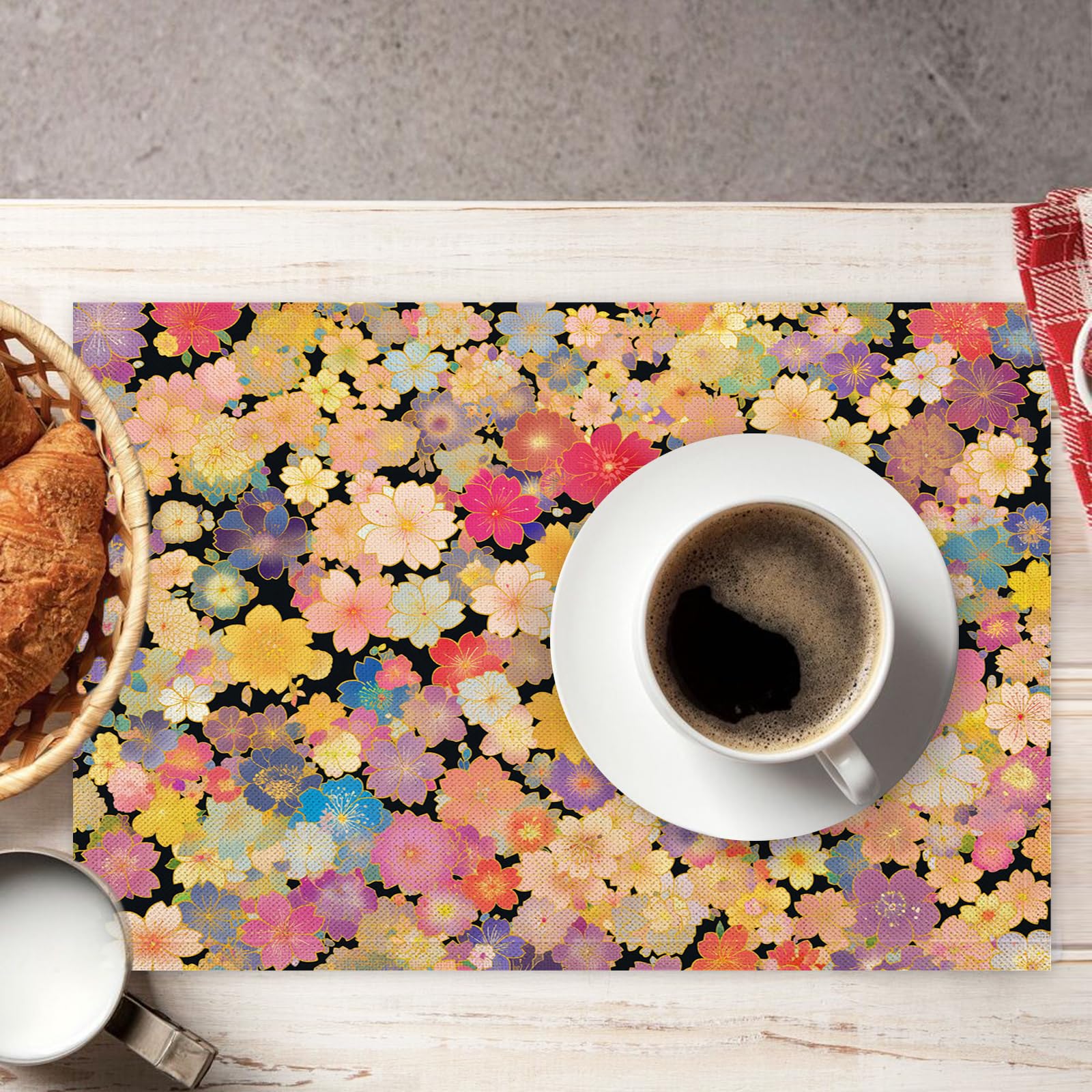 Set de Table Dessin animé - 8 Pièces Tapis de Table Petit Motif Floral en Coton et Lin 45×30cm Lavable Placemats Rectangulaire pour Salle à Manger, Salon