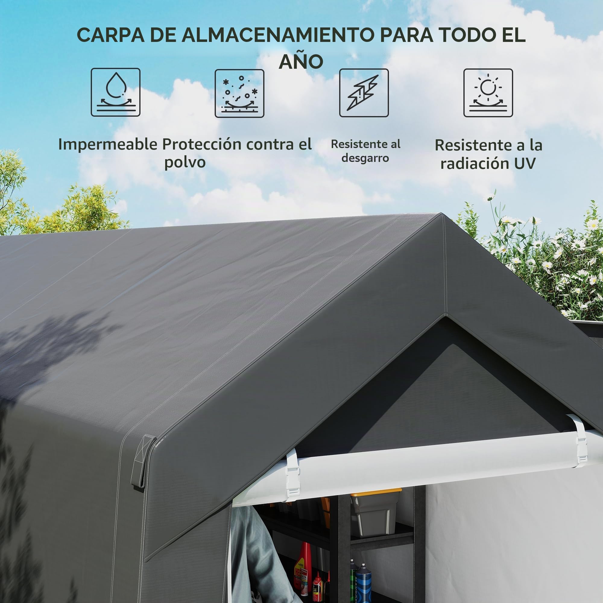 Carpa Garaje Outsunny, Carpa de Almacenamiento de 2,1 x 3,6 x 2,35 m con protección UV, Puerta con Cremallera, lámina Repelente al Agua Garaje para Moto, Herramientas de jardín, Gris Oscuro