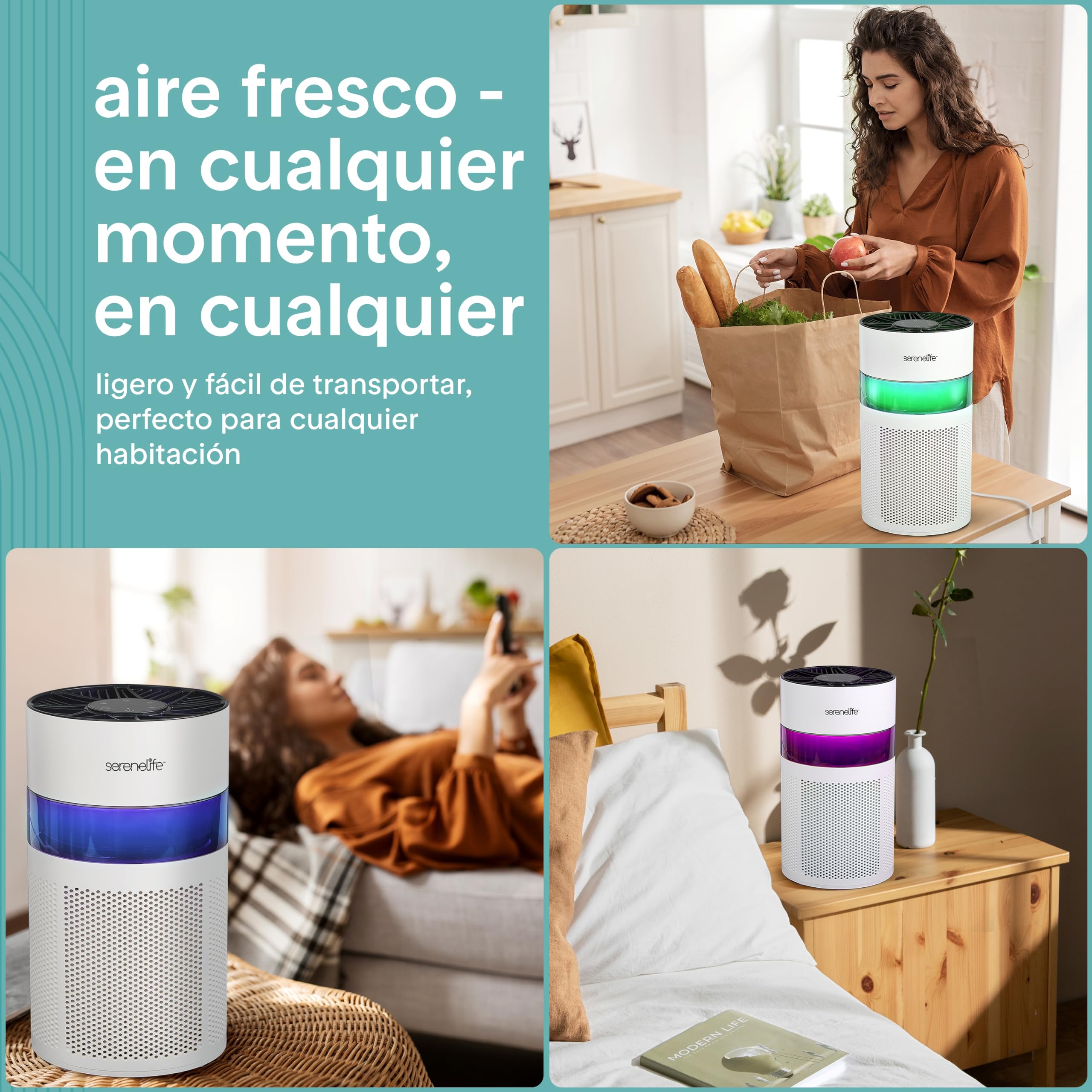 SereneLife Purificador de Aire Portátil Silencioso con Filtro HEPA H13 para Alergias y Pelo de Mascotas, Mini con Aromaterapia, Luz Ambiental, Temporizador, Modo Sueño, para Dormitorio y Escritorio