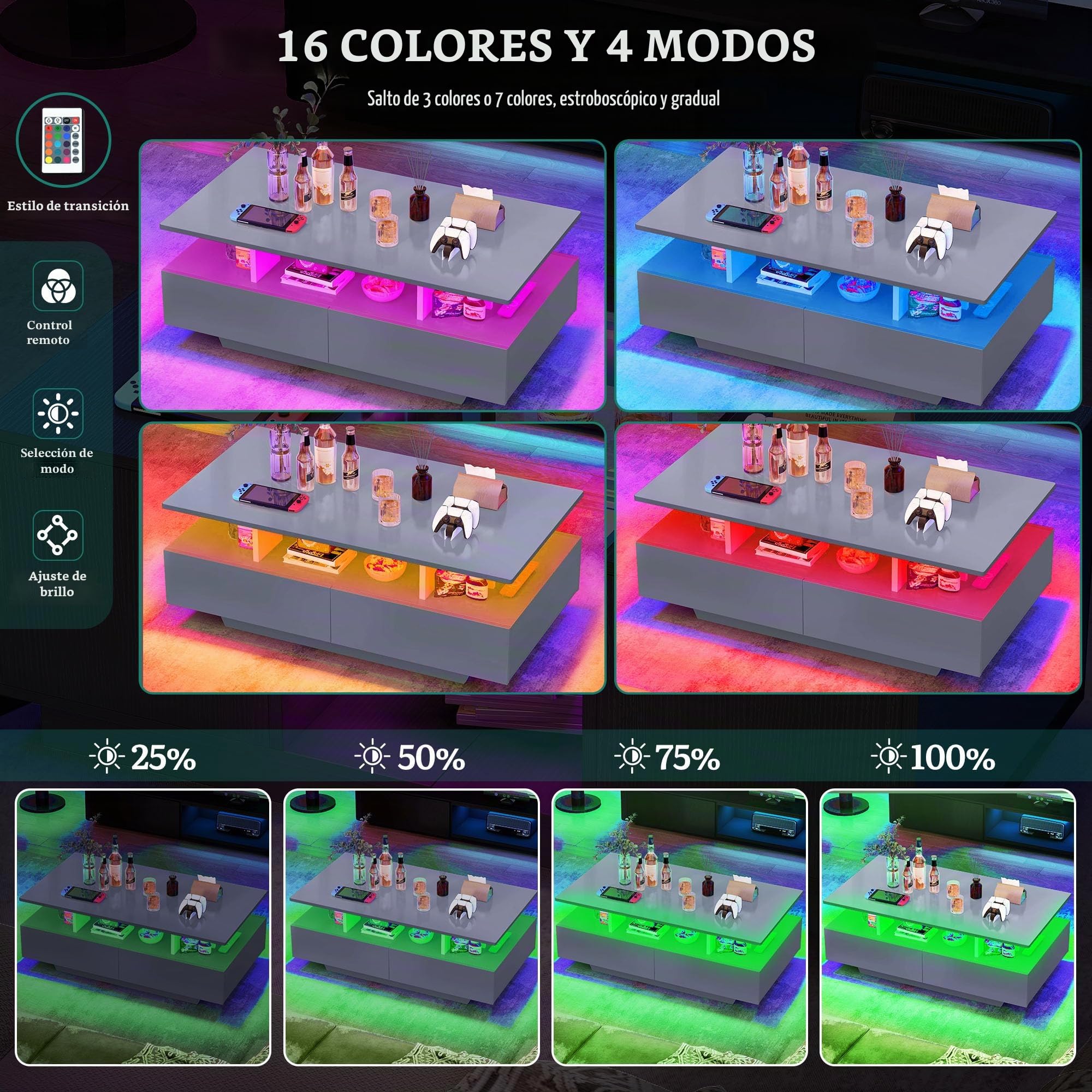 YITAHOME Mesa de Centro Gris, Mesa de Sala de Estar de Alto Brillo con iluminación LED de 16 Colores, Moderna, Mesa Auxiliar con Estante de exhibición Abierto y 4 cajones extraíbles 90x55x41,1 cm