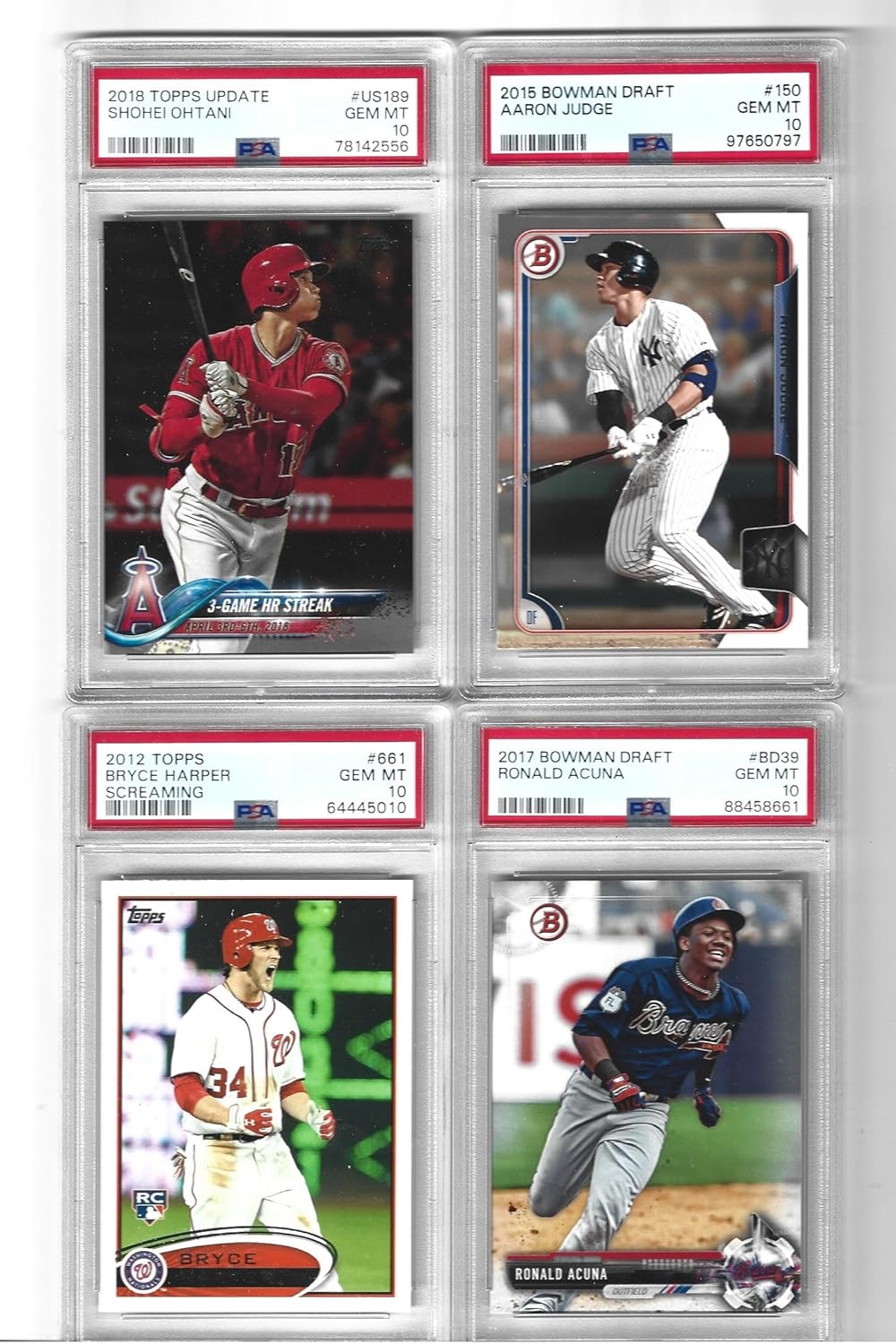 PSA10 SHOHEI OHTANI AARON JUDGE BRYCE HARPER RONALD ACUNA JR. 4 CARD ROOKIE LOT SUPERSTAR PLAYERS MVP WINNERS
