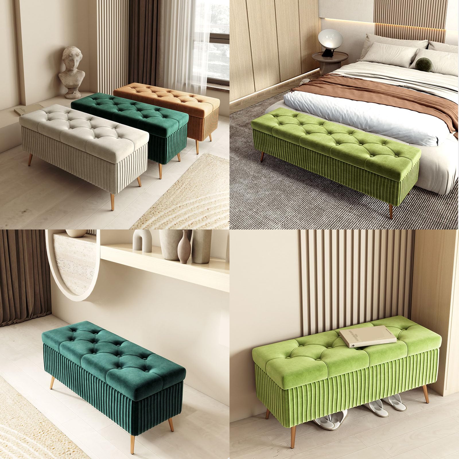 Cassapanca in Velluto, Panca Contenitore Imbottito in Spugna, Poggiapiedi in Legno Massello, Panca Scarpiera per Soggiorno Camera da Letto Spogliatoio Ingresso(Width 31.5in/80cm, Light Khaki)