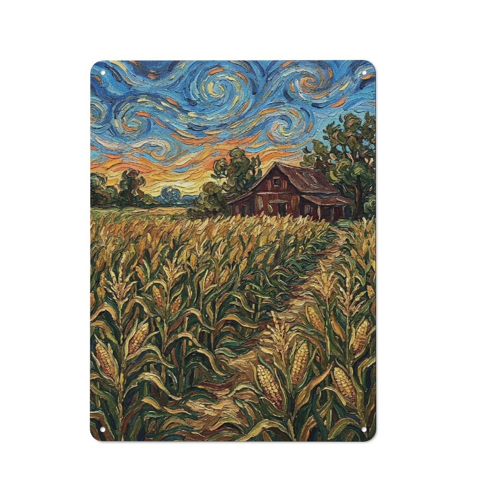 Junmoney Style For Café Or Restaurant, Cornfield And Barn Painting Retro Metal Sign 40X30cm, Gift For Café Owners And Decorators During The Christmas Season