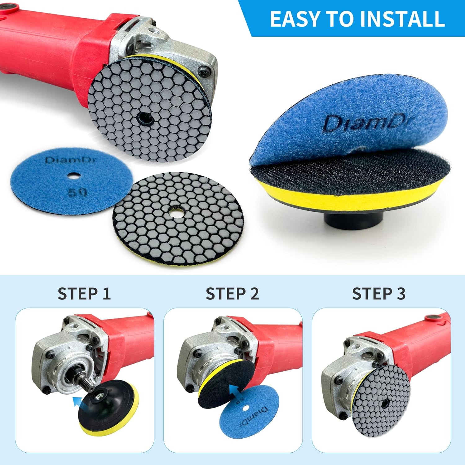 Dry Diamond Polishing Pads,5 Inch Polishing Pads Set of 8 Pieces Plus with 5/8”-11 Backer Backing Plate for Granite Concrete Marble Quartz Stone Countertop Polishing