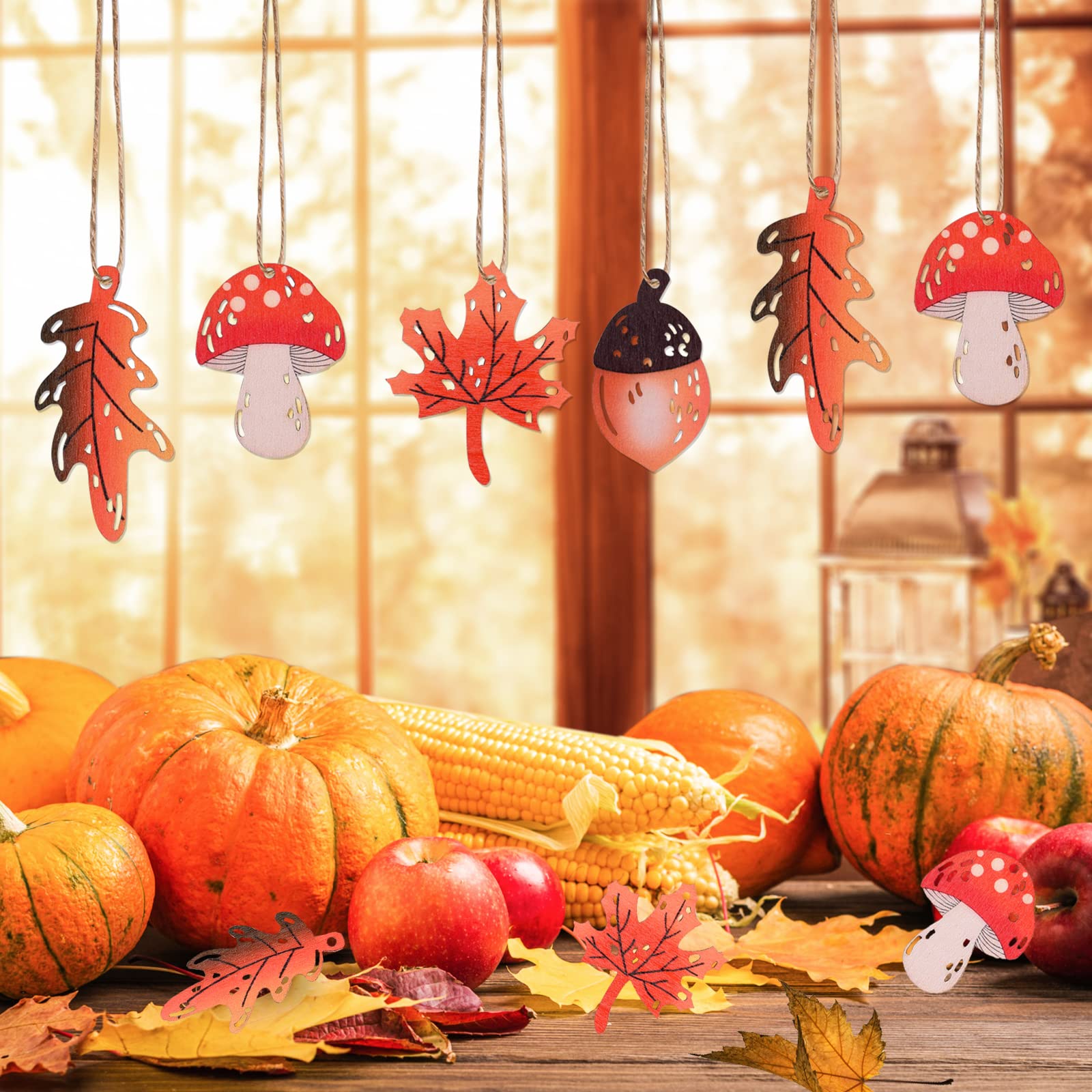 Ulikey Lot De 24 Décorations En Bois Pour L'automne - Décoration En Feuille D'érable - Pommes De Pin - Feuilles De Pin - Décoration D'automne - Peintes - Pendentif De Fenêtre