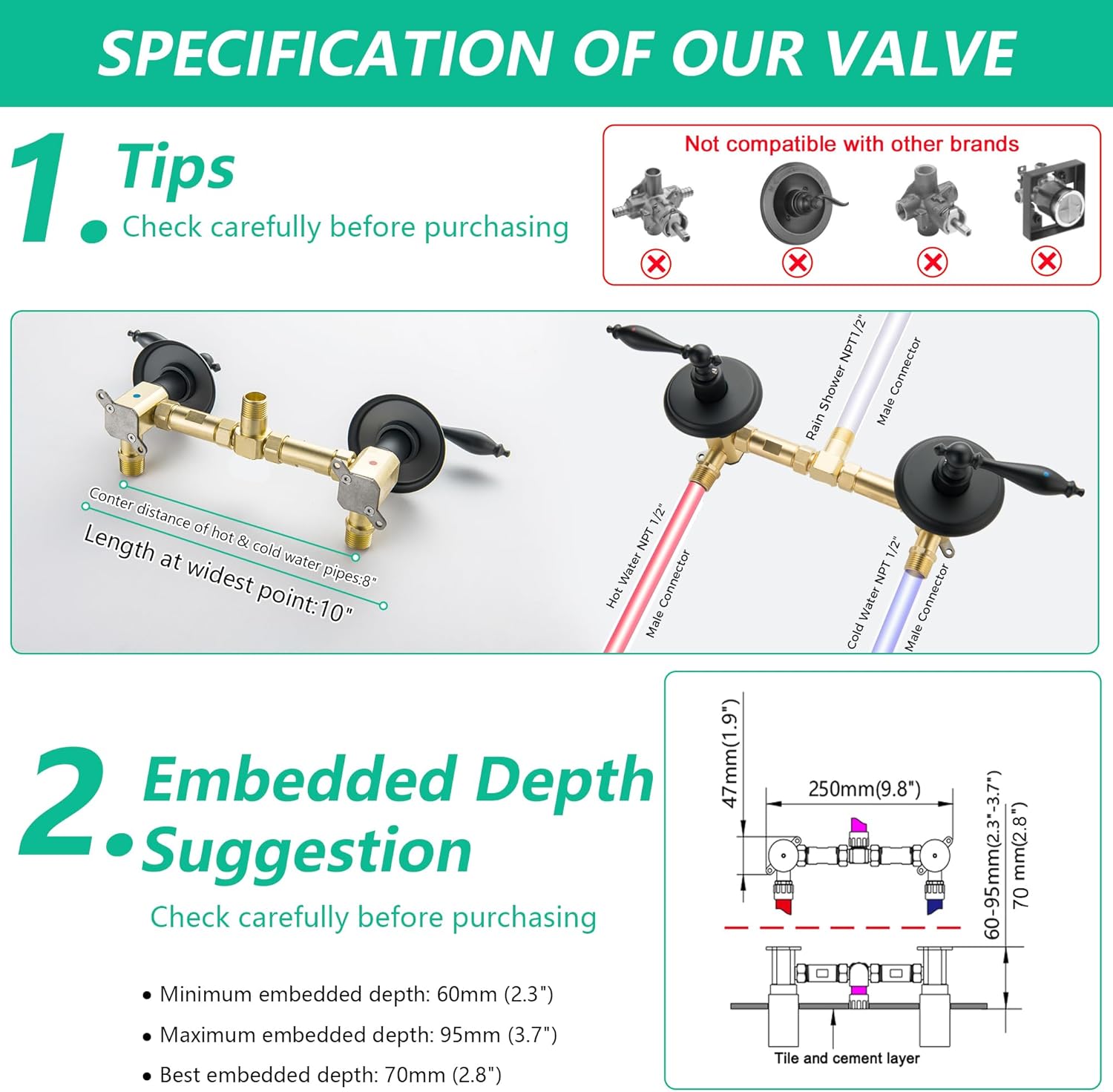 LIWEIKE 2 Handle Shower Faucet Set, Matte Black Two Handles Shower Faucet with 8 Inch Rain Shower Head Shower Faucet Set 2 Knobs, Wall Mounted - Image 5
