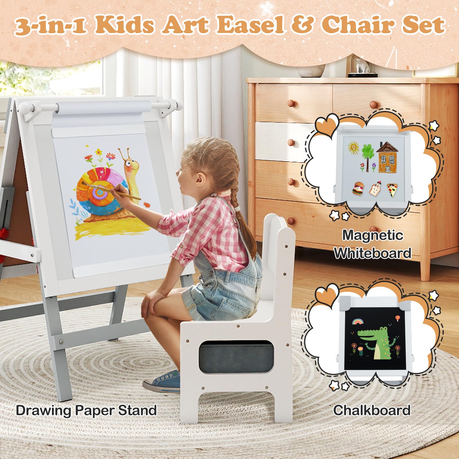 COSTWAY Kinder Staffelei mit Stuhl, höhenverstellbare Kindertafel mit Kreidetafel & Whiteboard, Doppelseitige Spiel-Tafel mit Magnetleisten & Stoff-Aufbewahrungskorb, für Kinder ab 3 Jahren (Grau)