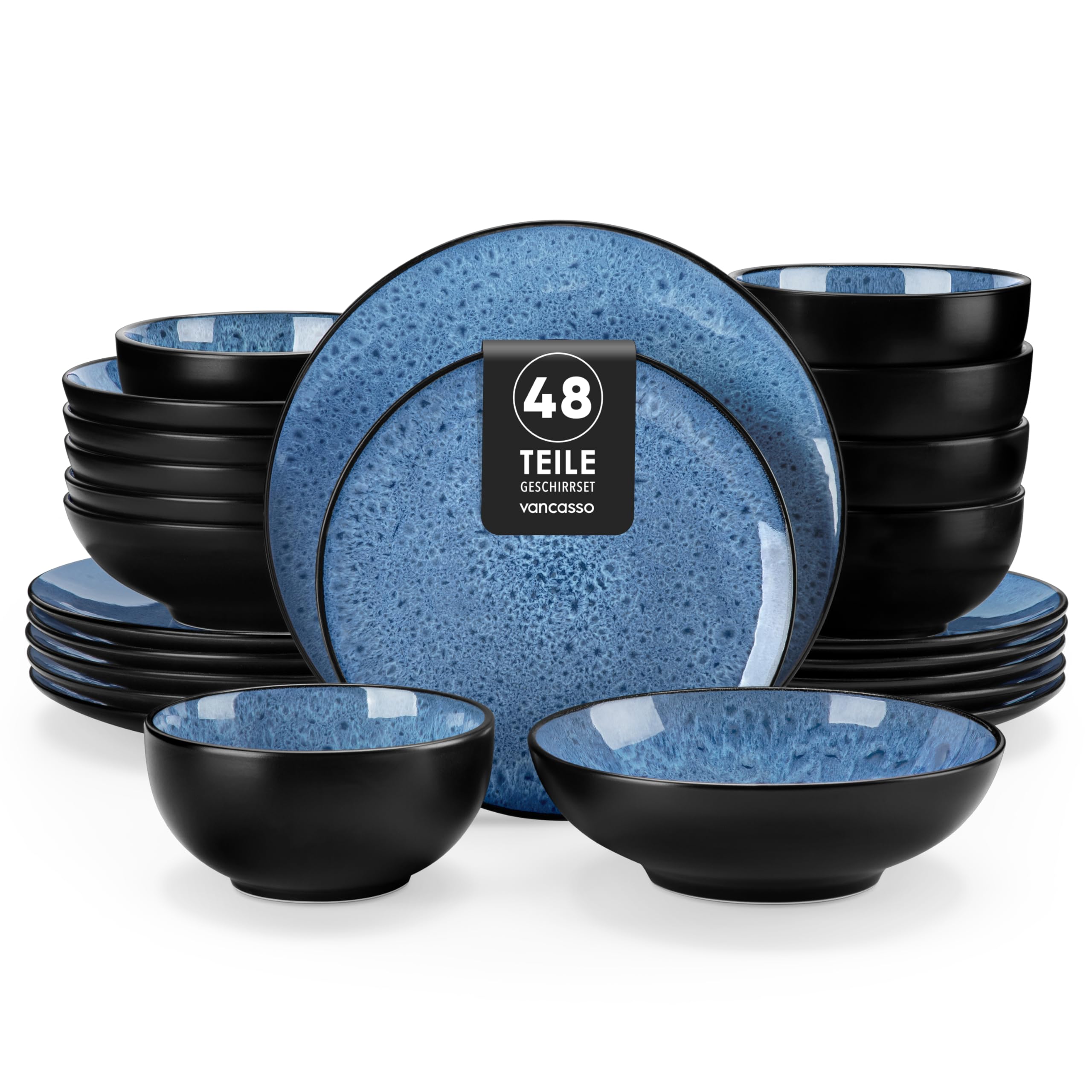 Steingut Geschirr Set, vancasso BUBBLE Tafelservice 12 Personen, Geschirrset 6/12 Personen aus Steingut, 48-tlg modernes Teller Set und Schalen Set