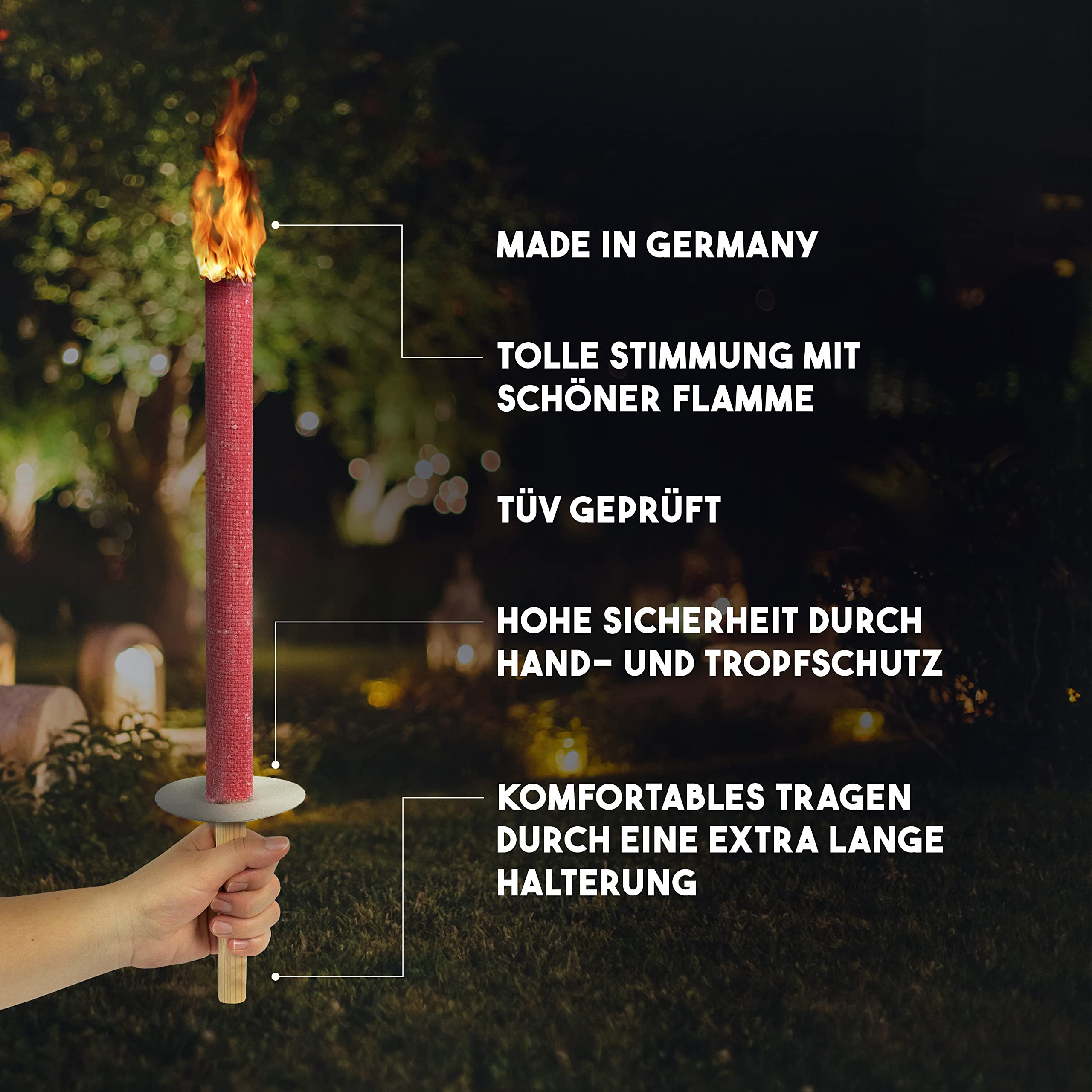 Bolson Wachsfackeln 60 Min (100 Stück) Gartenfackel aus Wachs mit Handschutz & Griff für Kinder & Erwachsene - in Deutschland hergestellte Fackel f. Draußen - ideal f. Fackelwanderung, Garten, Outdoor