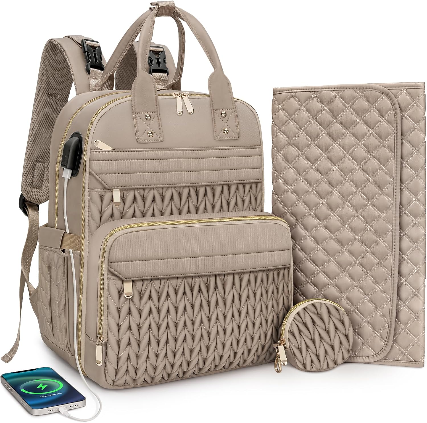 CandyHome Diaper Bag Backpack, Stylish Travel Baby Diaper Bags with Changing Pad, Insulated Pockets, Waterproof Baby Bag Converts into Tote Bag, Diaper Backpack, Stroller Bag (Khaki)