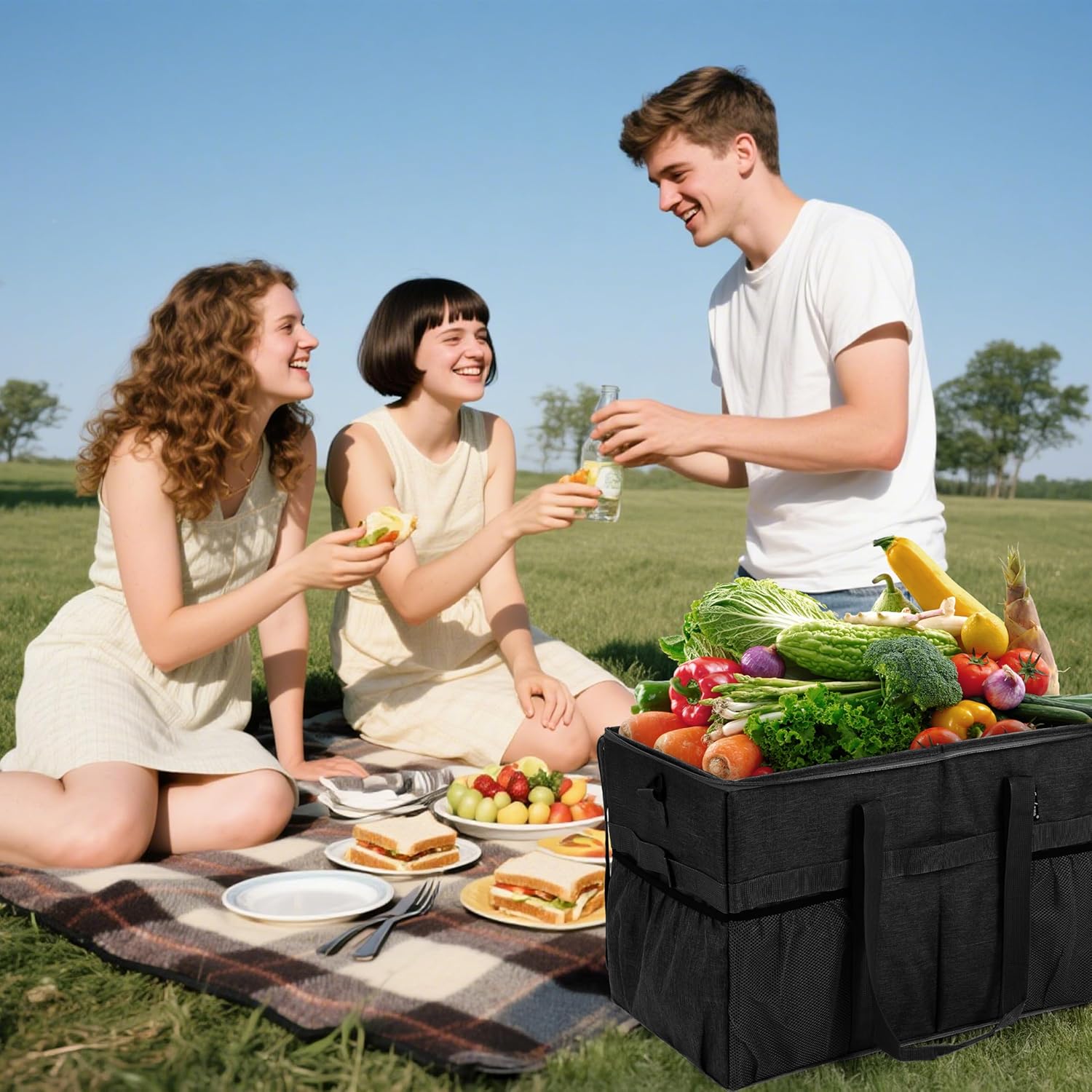 Finnhomy 2pk 53L Large Utility Tote Bag with Zippered Clear Lid, Collapsible Reusable Grocery Bag - Image 2