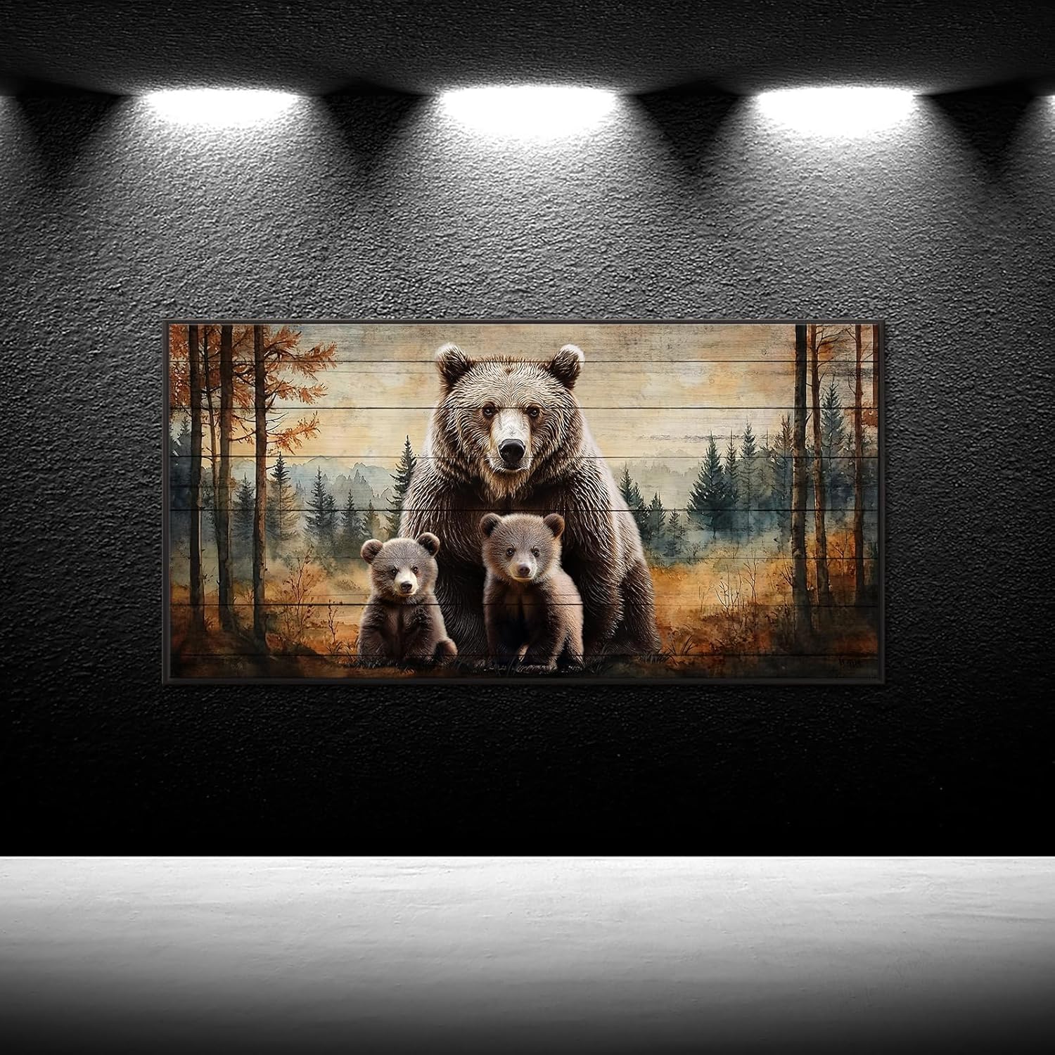 iKNOW FOTO Bear Family Wall Art with Black Floater Frame Rustic Forest Animal Canvas Print for Cabin Lodge Bedroom Living Room Nature Wildlife Brown Bear and Cubs Picture Ready to Hang 20x40''