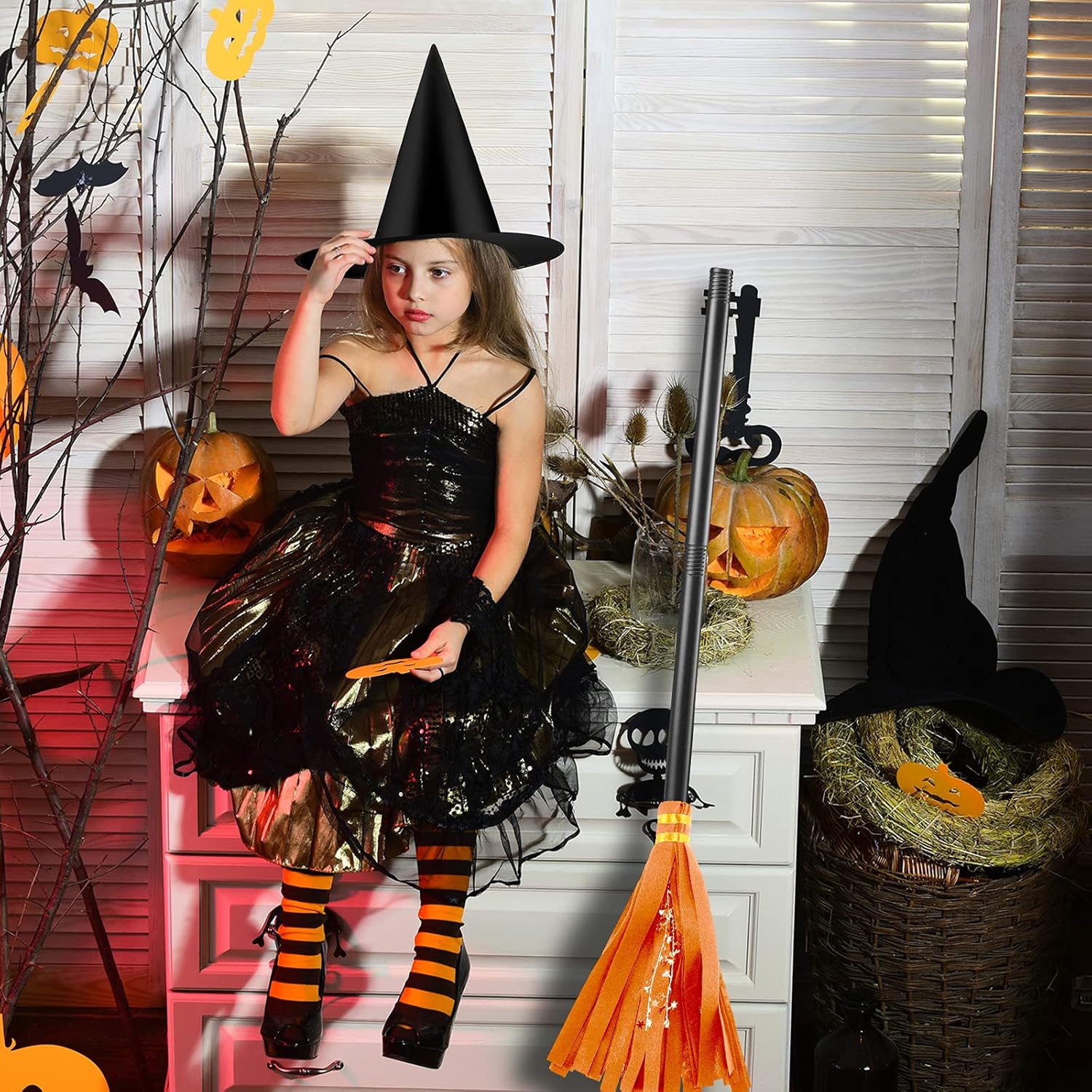 Skylety Witch Broom Hat Halloween Witch Costume for Kids Wizard Broomstick Black Wizard Hat Broom Halloween Party Cosplay