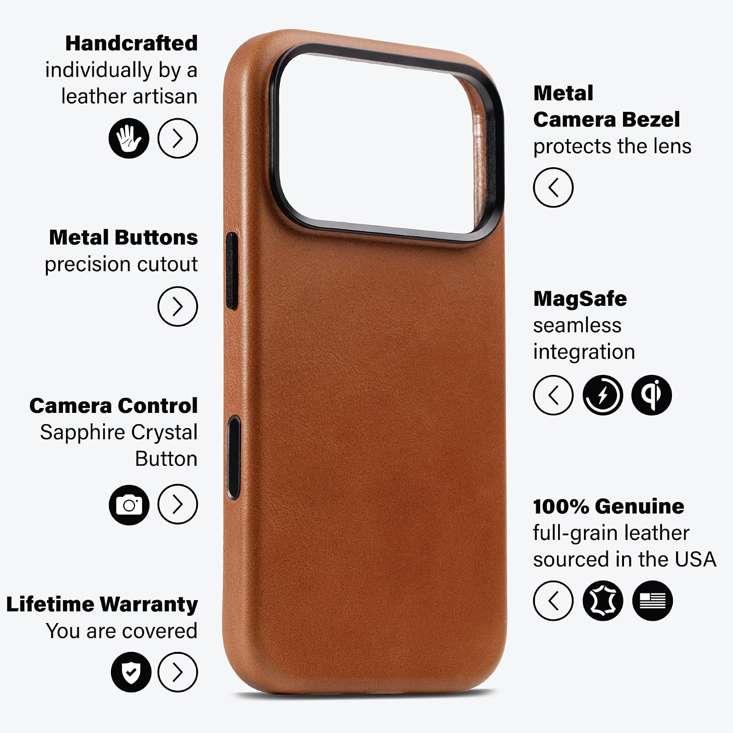 KORDIZ Handcrafted Genuine Leather Case for iPhone 17 Pro, Oil Wax Full-Grain Leather, Compatible with MagSafe, Unique Patina, Camera Control Button, Metal Buttons (6.3"), Saddle